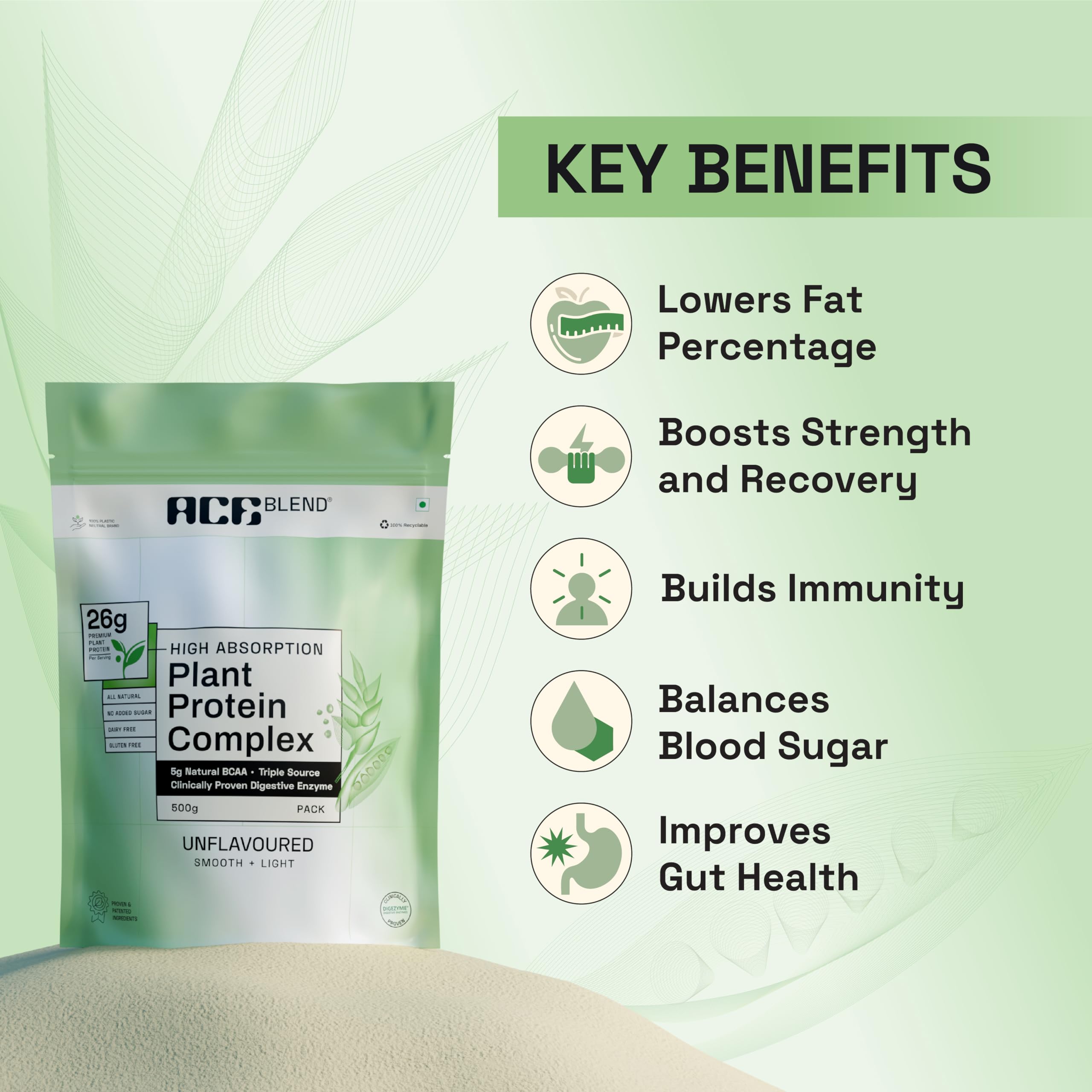 Ace Blend Plant Protein Complex - 26G Protein Per Serving | Unflavored Vegan Protein Powder with Golden-Split Pea, Canadian Brown Rice & Indian Lentil Protein | DigeZyme for Easy Digestion | 100% Gut Friendly | Perfect for Post-Workout Recovery & Smoothie Boosts