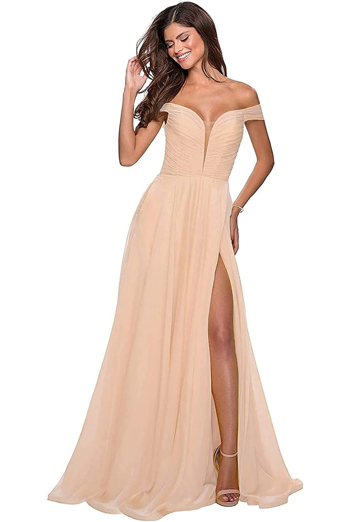 Elegant Women's Bridesmaid Dresses for Wedding Guest - Long Chiffon Off Shoulder V-Neck Formal Evening Gowns | Perfect for Prom, Party & Special Occasions