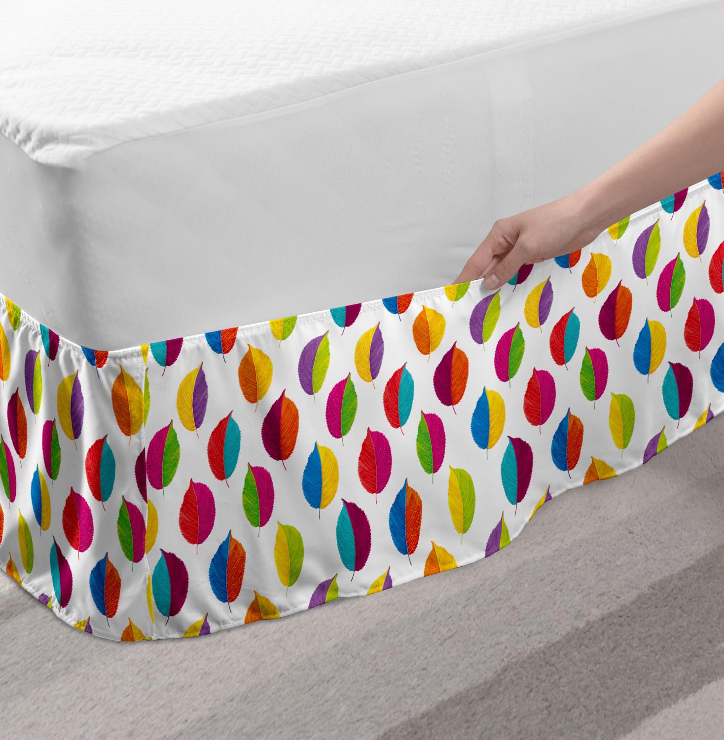 Ambesonne Autumn Bed Skirt - Fall Leaves Print on Plain Background, King Size Wrap Around Elastic Gathered Bedskirt for Bedroom Decor | Perfect for Seasonal Home Styling & Cozy Autumn Vibes