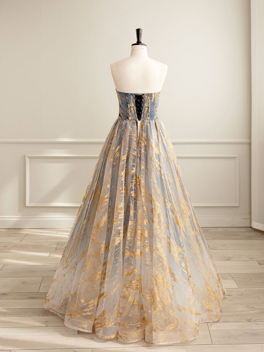 Elegant A-Line Tulle Gold and Blue Long Prom Dress | Formal Evening Gown for Women | Perfect for Homecoming, Ball, and Special Occasions