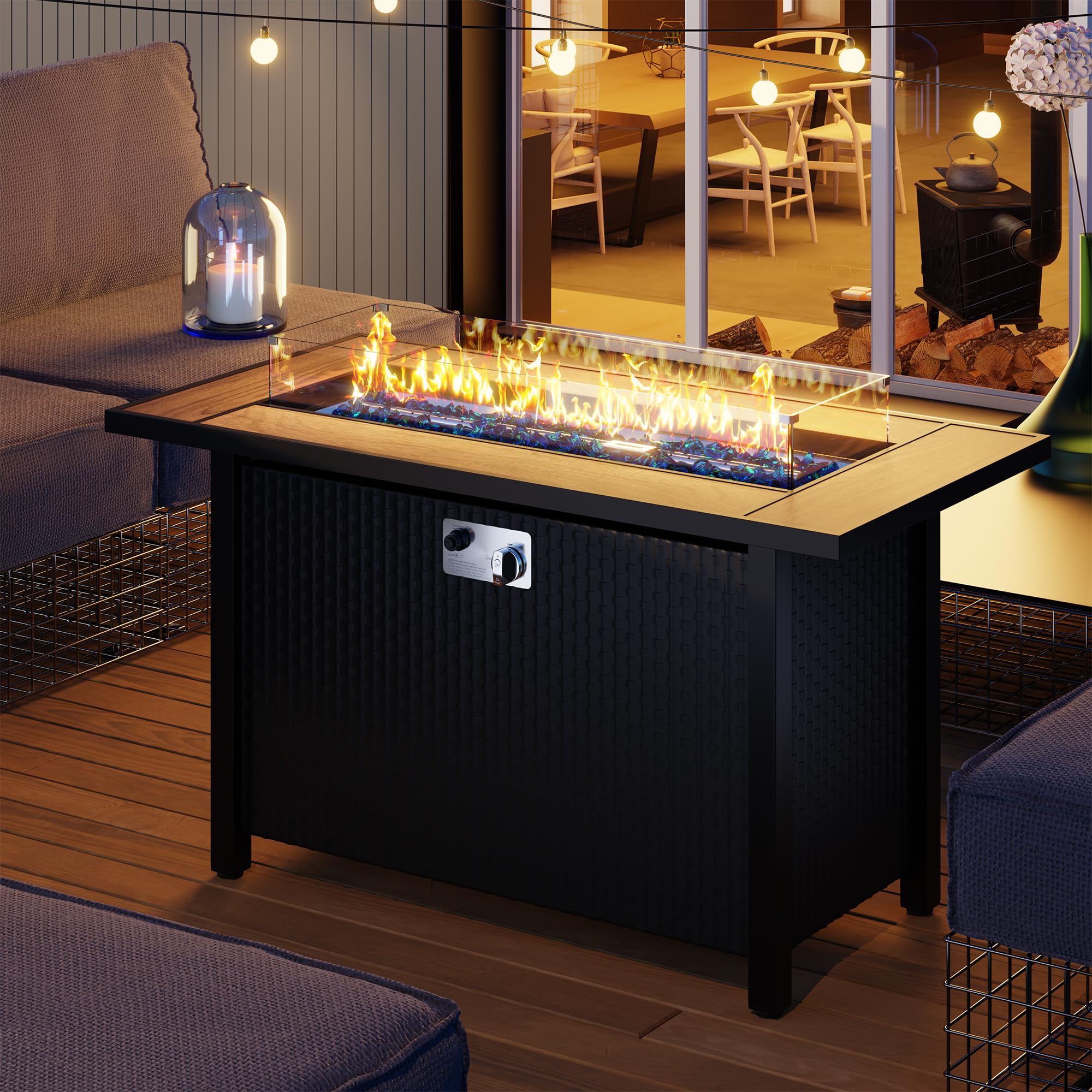 Shintenchi 45 Inch Outdoor Propane Fire Pit Table - 50,000 BTU Steel Gas Fire Pit with Glass Window Protector, Lid, Crystal Stones & Waterproof Cover - Rattan Pattern Brown Top for Patio, Garden, Backyard & Poolside Gatherings