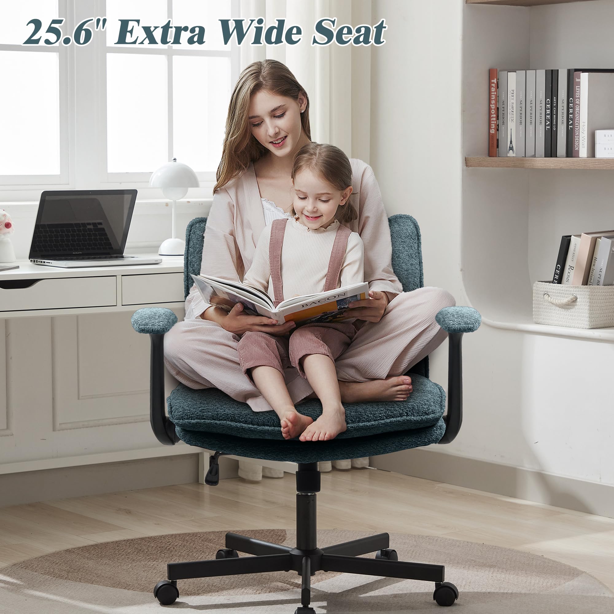 Ergonomic Cross Legged Office Chair with Wheels - Upholstered Criss Cross Desk Chair with Flip-Up Armrests - Wide Seat Home Office Chair for Working, Studying & Vanity - Dark Green Modern Design for Small Spaces & Apartments
