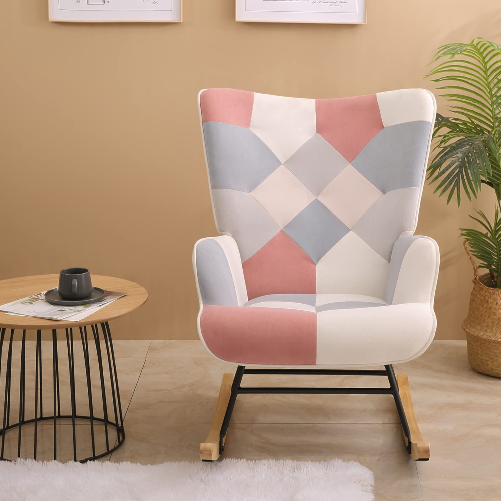 HomVent Upholstered Rocking Chair - Mid Century Modern Fabric Comfortable Nursery Rocker with Tall Back & Wood Base - Accent Armchair for Adults & Kids - Perfect for Living Room, Bedroom, Nursery & Relaxation Spaces