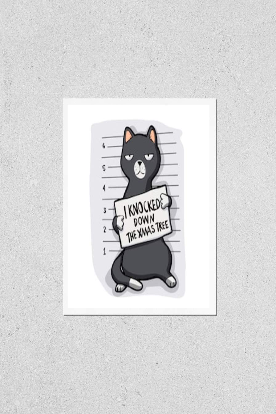 Vintage Grey Cat Mugshot Poster - Funny Cartoon Cat Art Print for Home & Office Decor - Perfect for Living Room, Bedroom, or Gift