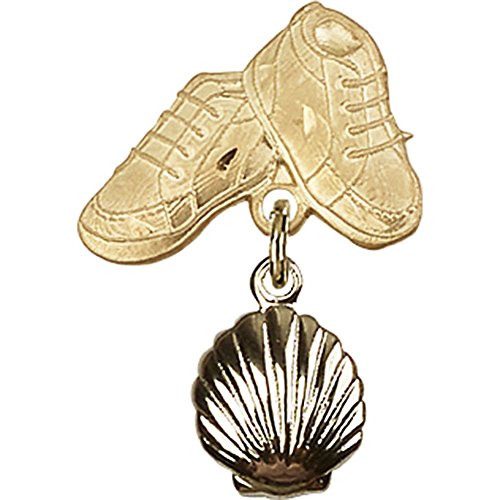 Gold Filled Baby Badge with Shell Charm & Booties Pin - 1 X 5/8 Inch - Perfect for Christening Gifts, Baby Showers & Keepsake Jewelry