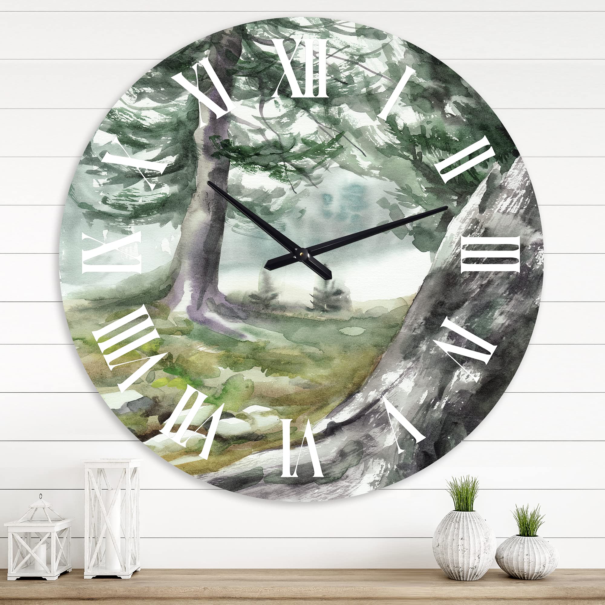 DesignQ Lake House Wall Clock - 'Pine Forest in The Early Morning' Large Nature Landscape Wall Clock for Bedroom, Living Room & Office Decor | Perfect Rustic Home Décor for Cabin, Farmhouse & Lake House