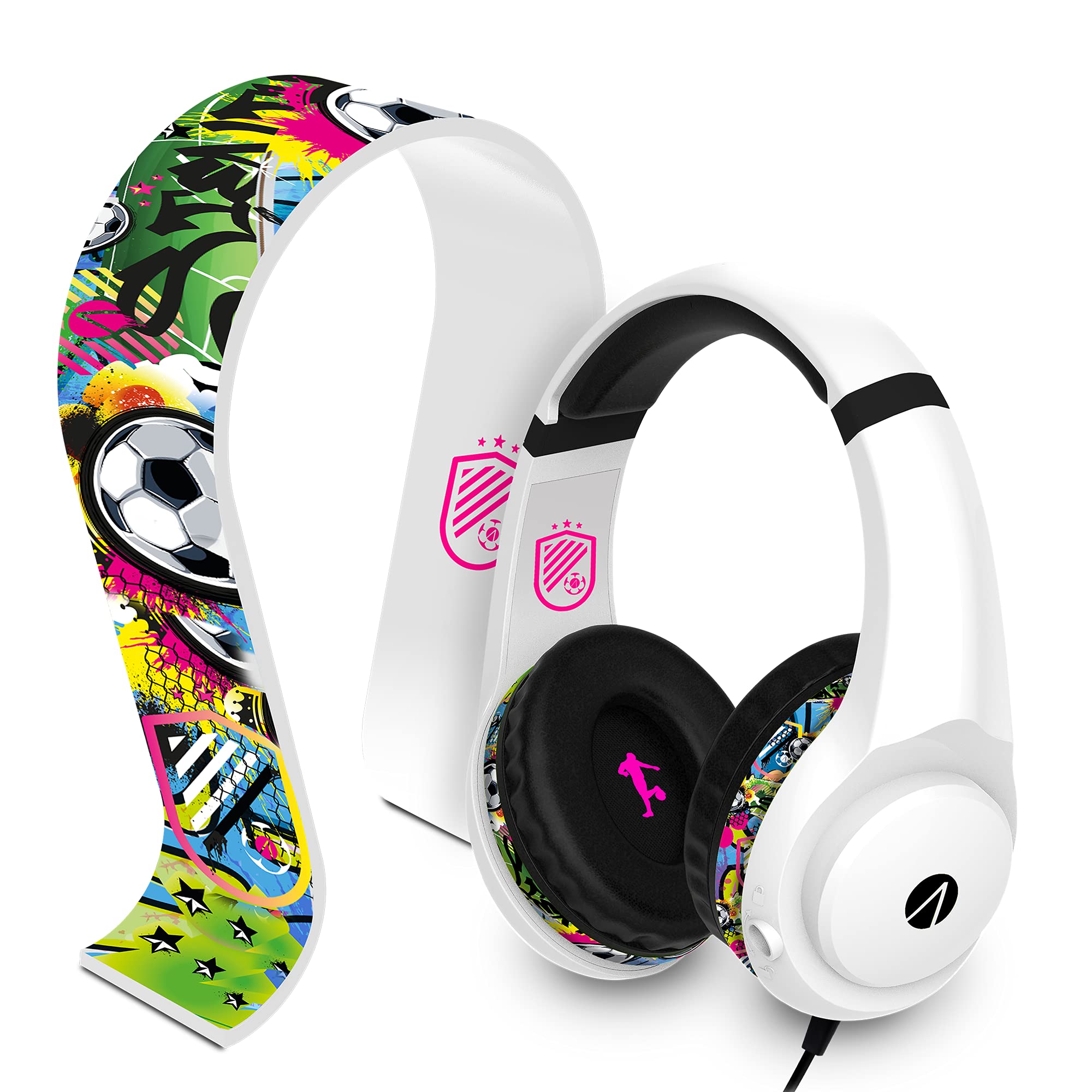 Wireless Gaming Headset with Stand - Noise Cancelling Mic, Comfortable Ear Cushions for PC/PS5/Xbox (White & Black Graffiti Design) - Perfect for Esports, Streaming & Late-Night Gaming Sessions