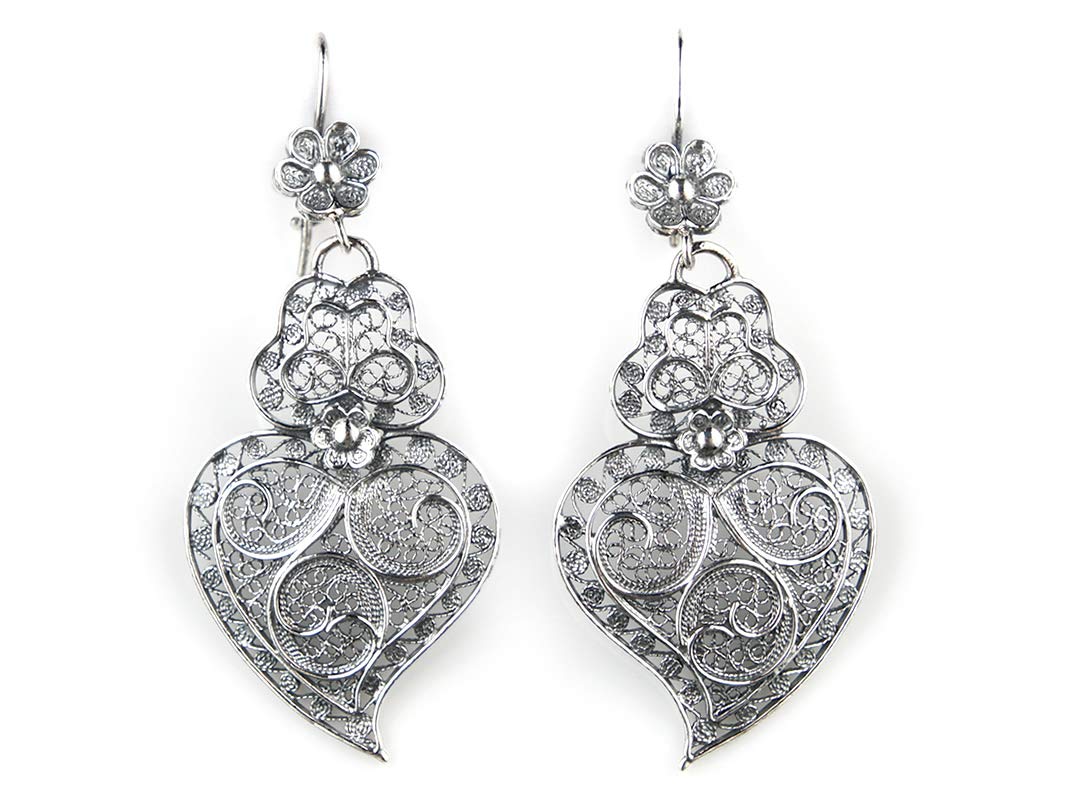 Portuguese Filigree Viana Heart Earrings - 925 Sterling Silver Jewelry for Women, Handmade Bridal Gift, Wedding & Party Accessories