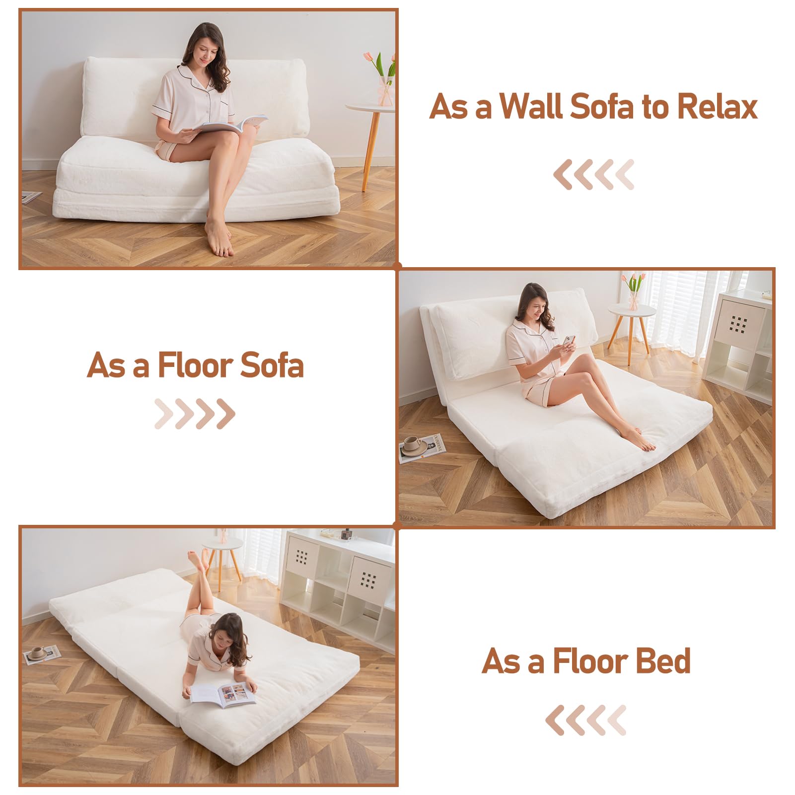 MAXYOYO Extra Thick 30x95 Inch Folding Bean Bag Sofa Bed - Washable Faux Fur Floor Mattress for Adults | Versatile Single Floor Couch for Bedroom, Living Room & Guest Room (Cream White)