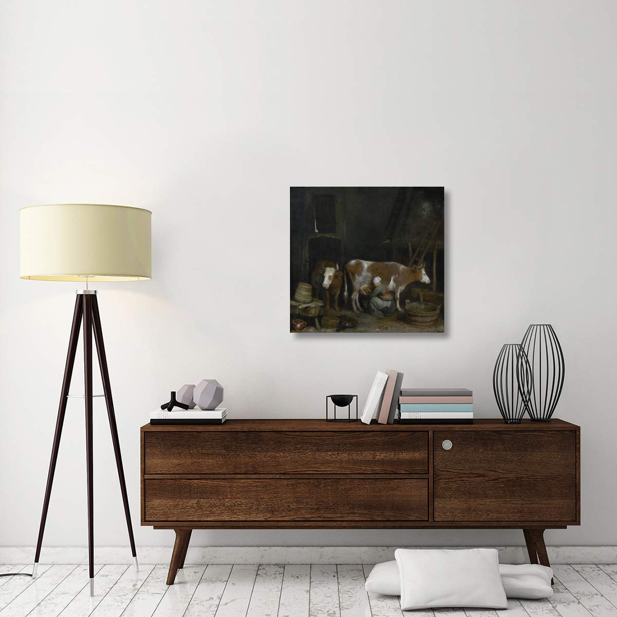 Global Gallery 'A Maid Milking a Cow in a Barn' Canvas Wall Art - 30x28.5 Inches Farmhouse Decor - Perfect for Living Room, Bedroom or Country Style Home