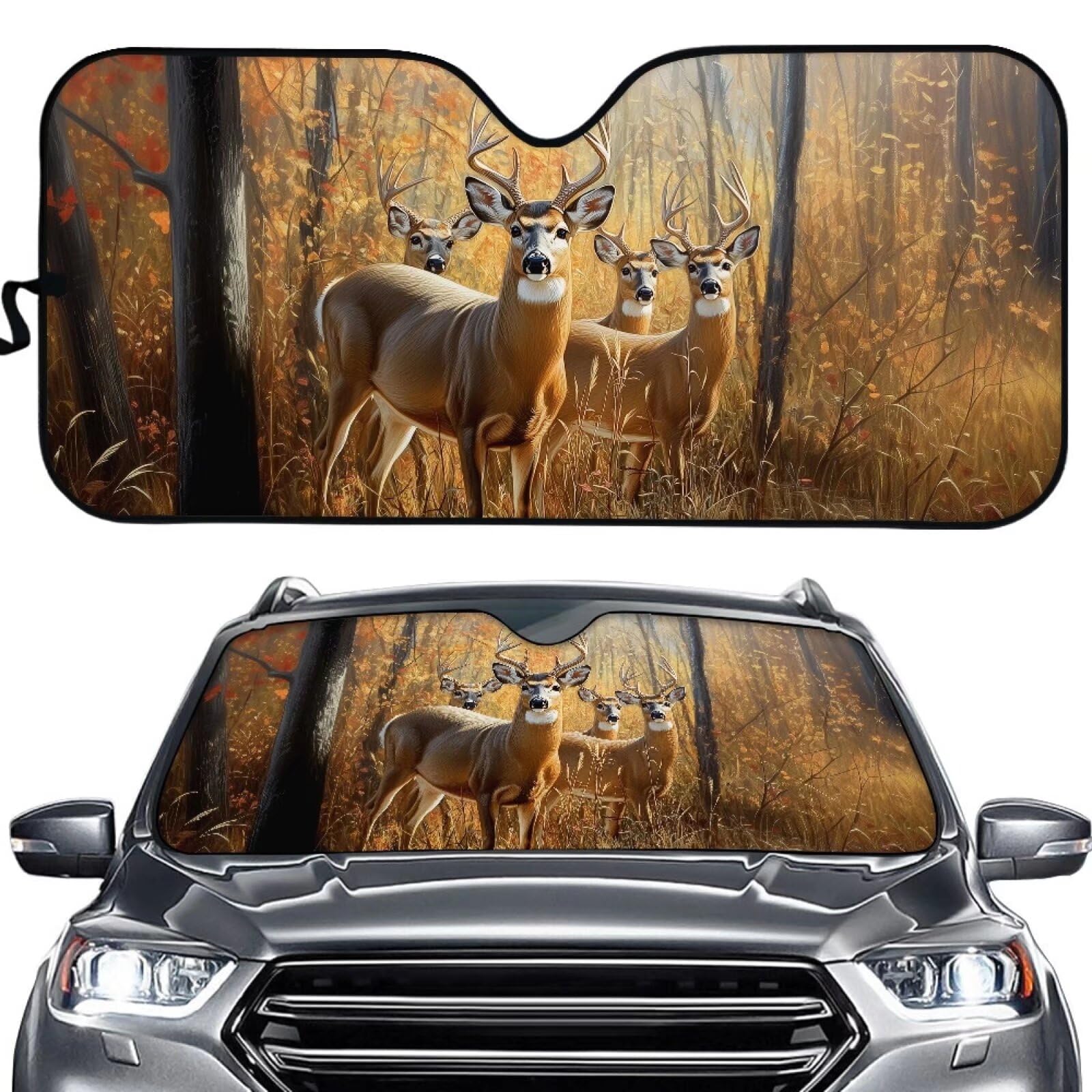 SEANATIVE 3D Deer Universal Car Windshield Sun Shade - UV Protection & Heat Shield for Cars, Trucks, SUVs - Cute Deer Pattern Auto Accessories for Women - Perfect for Summer Parking & Interior Decoration