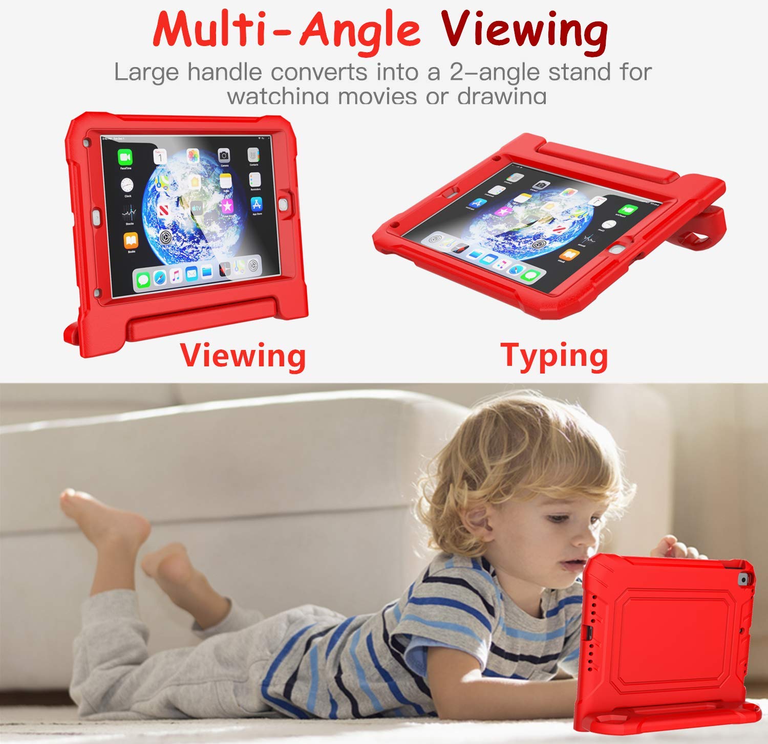 Shockproof Kids iPad Case for iPad 9.7-inch (6th/5th Gen & Air/Air 2) - Lightweight Convertible Stand Cover with Built-in Screen Protector & Handle (Red) - Perfect for School, Travel & Home Learning