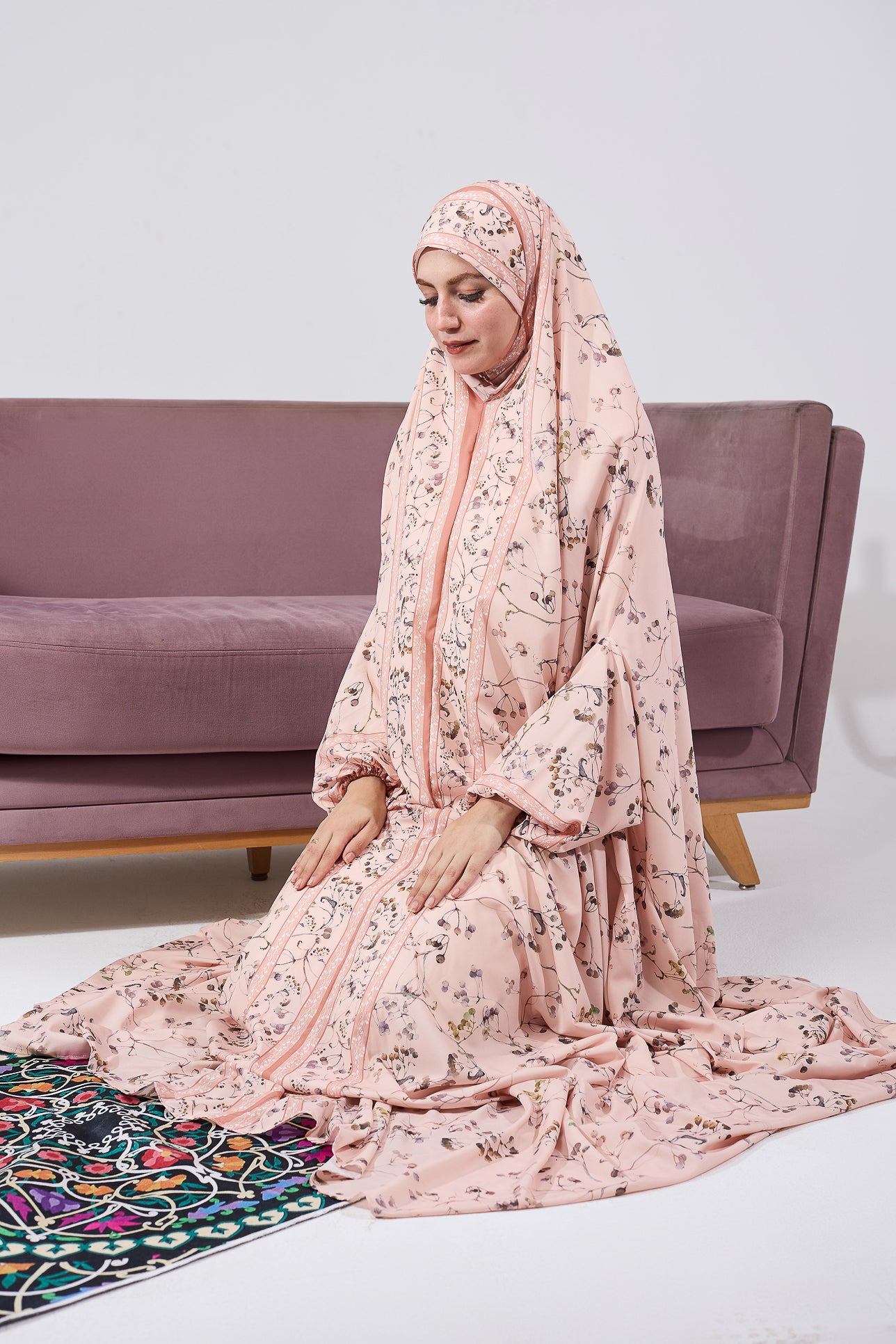Nouria Satin Floral Prayer Gown - Elegant Floral Print Islamic Prayer Dress with Elastic Cuffs for Women - Perfect for Salah, Ramadan, Eid and Home Worship