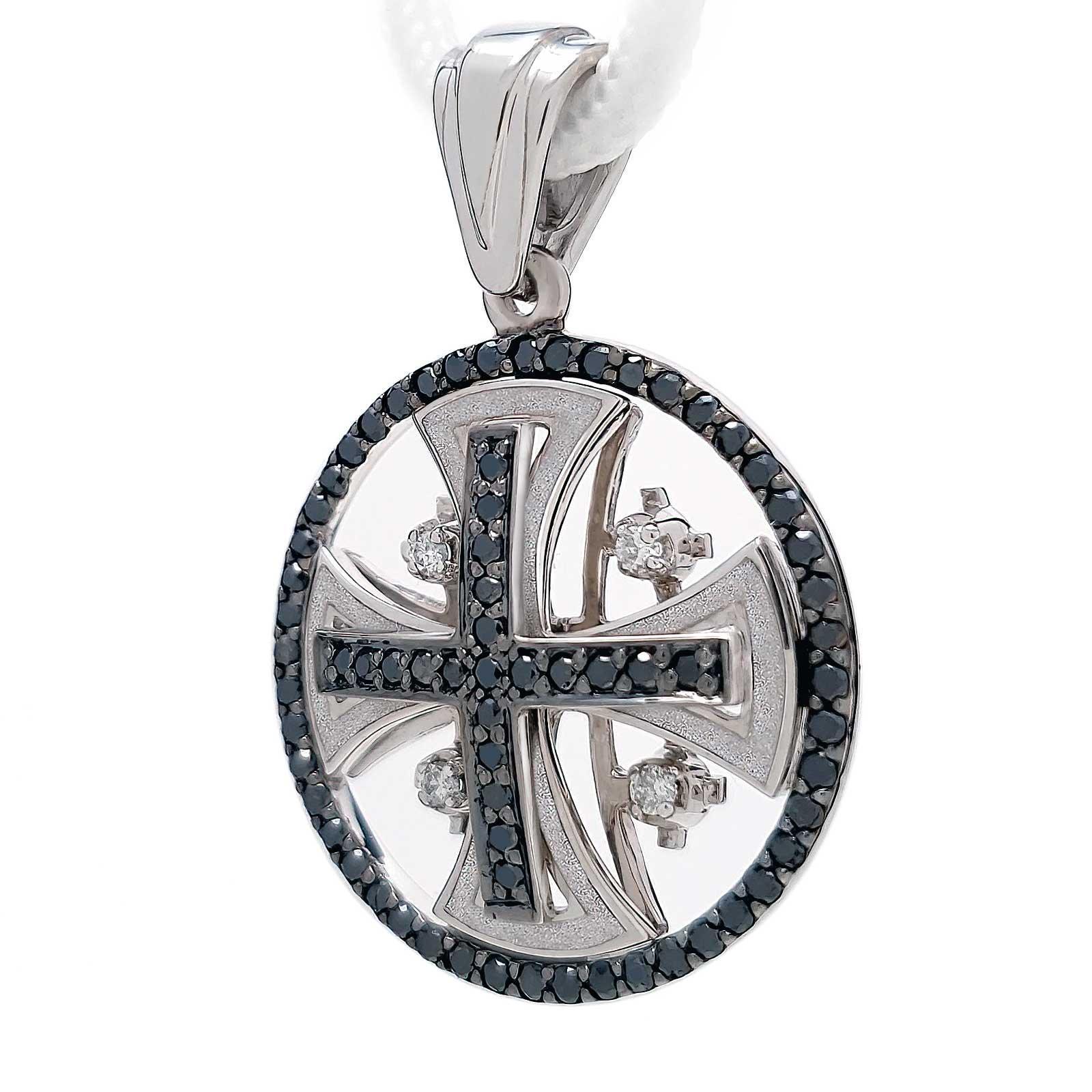 14K White Gold Jerusalem Cross Round Pendant with Diamonds & Enamel - Religious Jewelry Gift for Baptism, Confirmation & Special Occasions