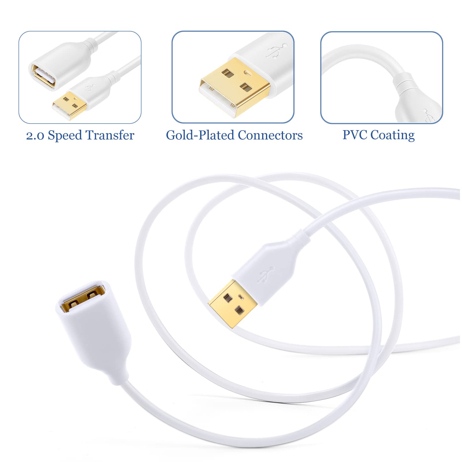 10ft USB 2.0 Extension Cable (2-Pack) - Male to Female USB Extender for Charging & Data Transfer - Compatible with Hard Drives, Keyboards, Mice, Printers & Phones - White | Perfect for Home Office & Gaming Setup