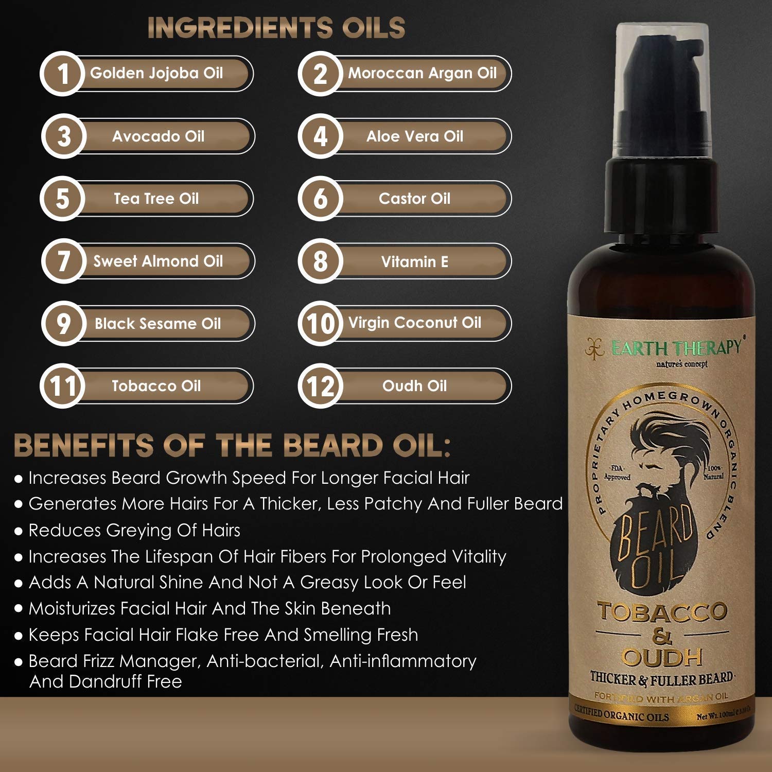 EARTH THERAPY Natural Beard Oil for Men - 100ml | Organic Mustache & Beard Growth Conditioner with Nourishing Ingredients | Perfect for Daily Grooming & Styling