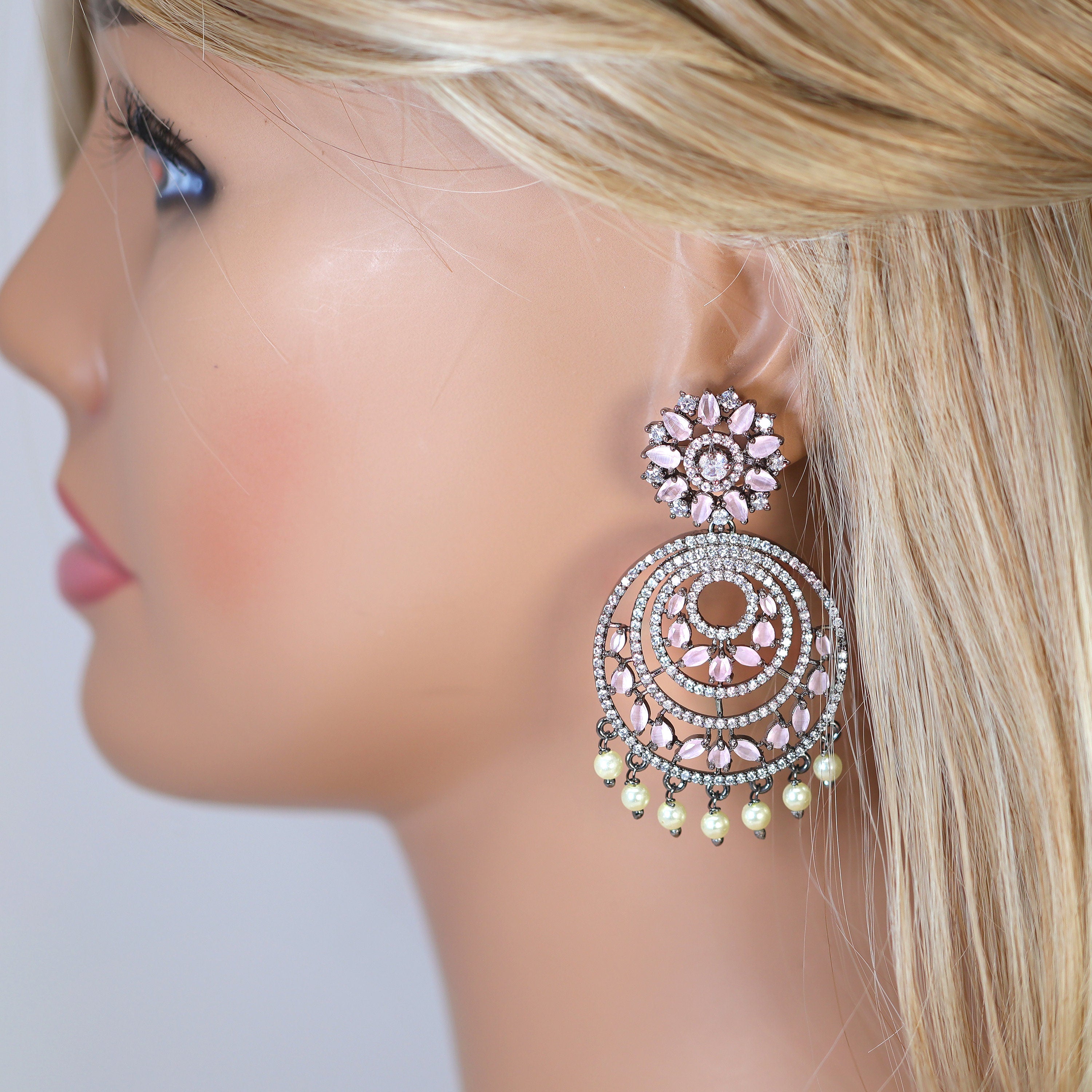 Pink & Black Cubic Zirconia Chandelier Drop Earrings - Long Crystal Bridal Jewelry, Statement Wedding Earrings for Bride, Prom, Evening Gala & Special Occasions