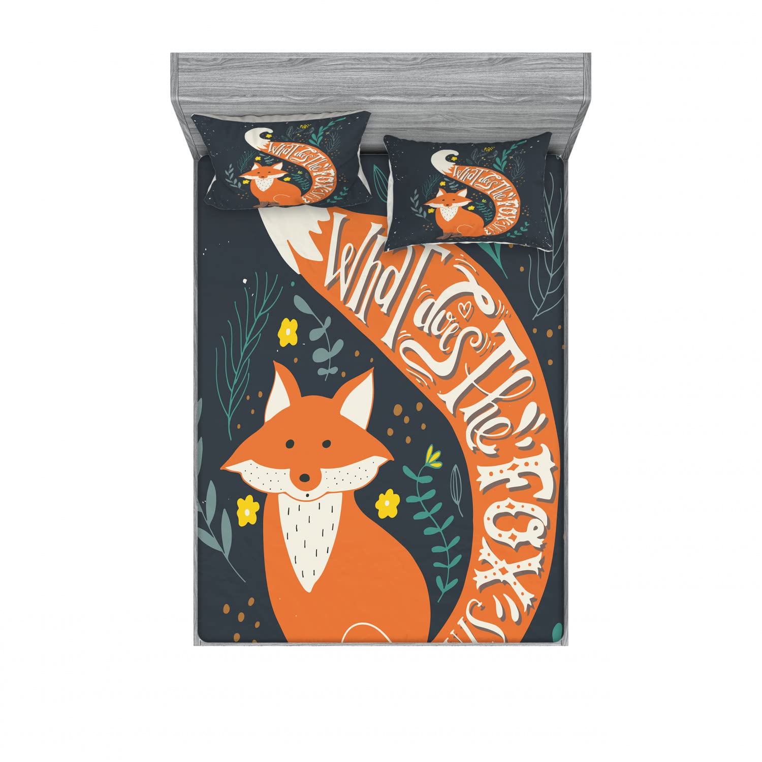 Ambesonne 2-Pack Queen Size Fitted Sheet & Pillow Sham Set - Funny Cartoon Fox Animal Print Bedding Decor (Includes 2 Fitted Sheets & 4 Pillow Covers) | Perfect for Kids' Room, Nursery, Dorm Decor or Unique Gift Idea