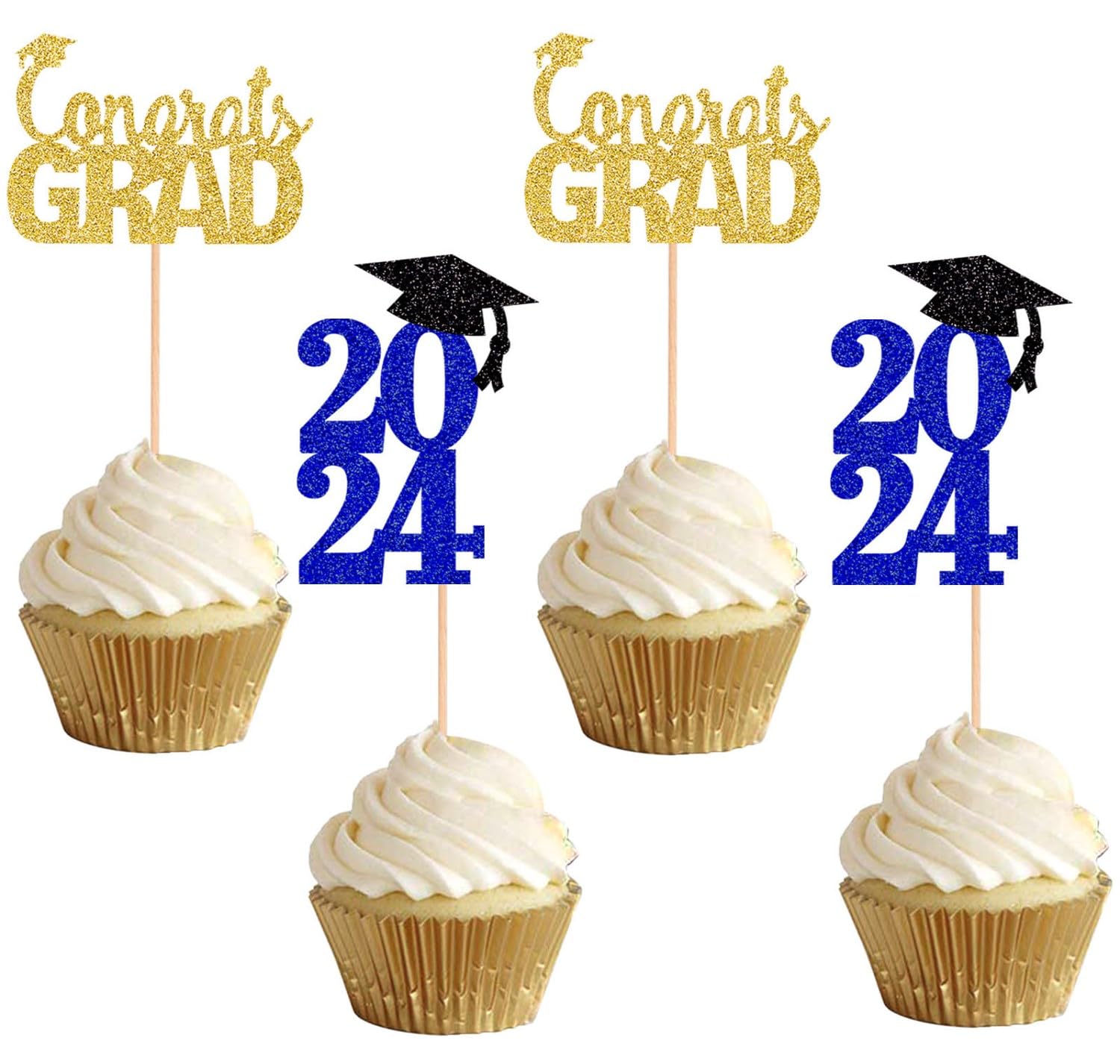 ALISSAR 48-Pack Glitter Blue 2024 Graduation Cupcake Toppers - Edible Cake Decorations for Graduation Party, Birthday, Baby Shower & Special Events