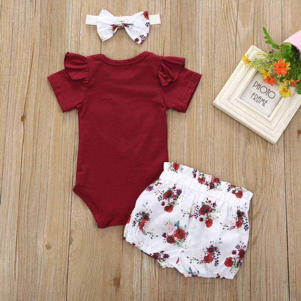 12-18 Months Baby Girl Outfits 3-Piece Set - Floral Romper Jumpsuit with Bowknot Shorts | Soft Cotton Infant Clothes for Newborn, Photo Shoots & Coming Home Outfits (Wine Red)