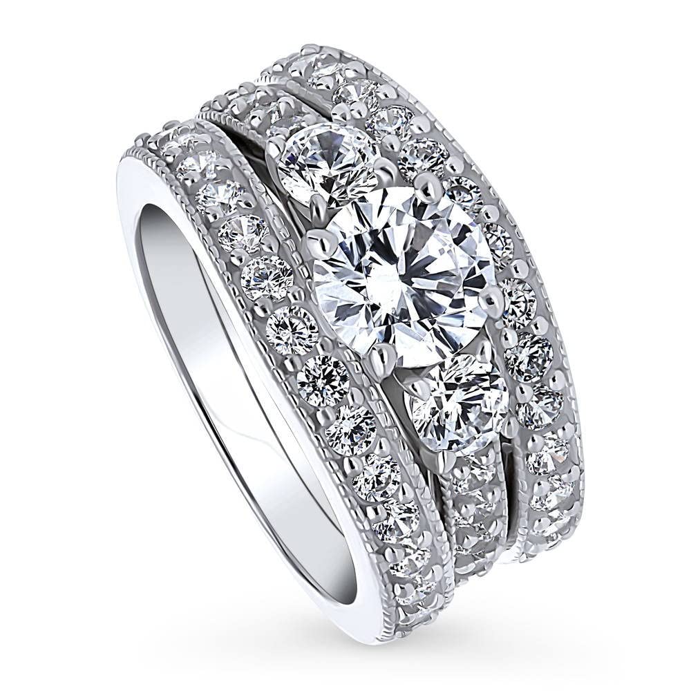 BERRICLE Sterling Silver 3-Stone Wedding & Engagement Ring Set - 1.25 Carat Round Cut Cubic Zirconia (CZ) for Women - Rhodium Plated, Size 4-10 - Perfect for Proposals, Anniversaries & Special Occasions