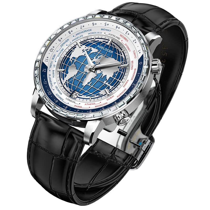 AGELOCER Men's Automatic Mechanical Watch - Blue Planet Design, Sapphire Crystal, Genuine Leather Strap, World Time Function | Perfect for Business, Formal Occasions & Everyday Wear