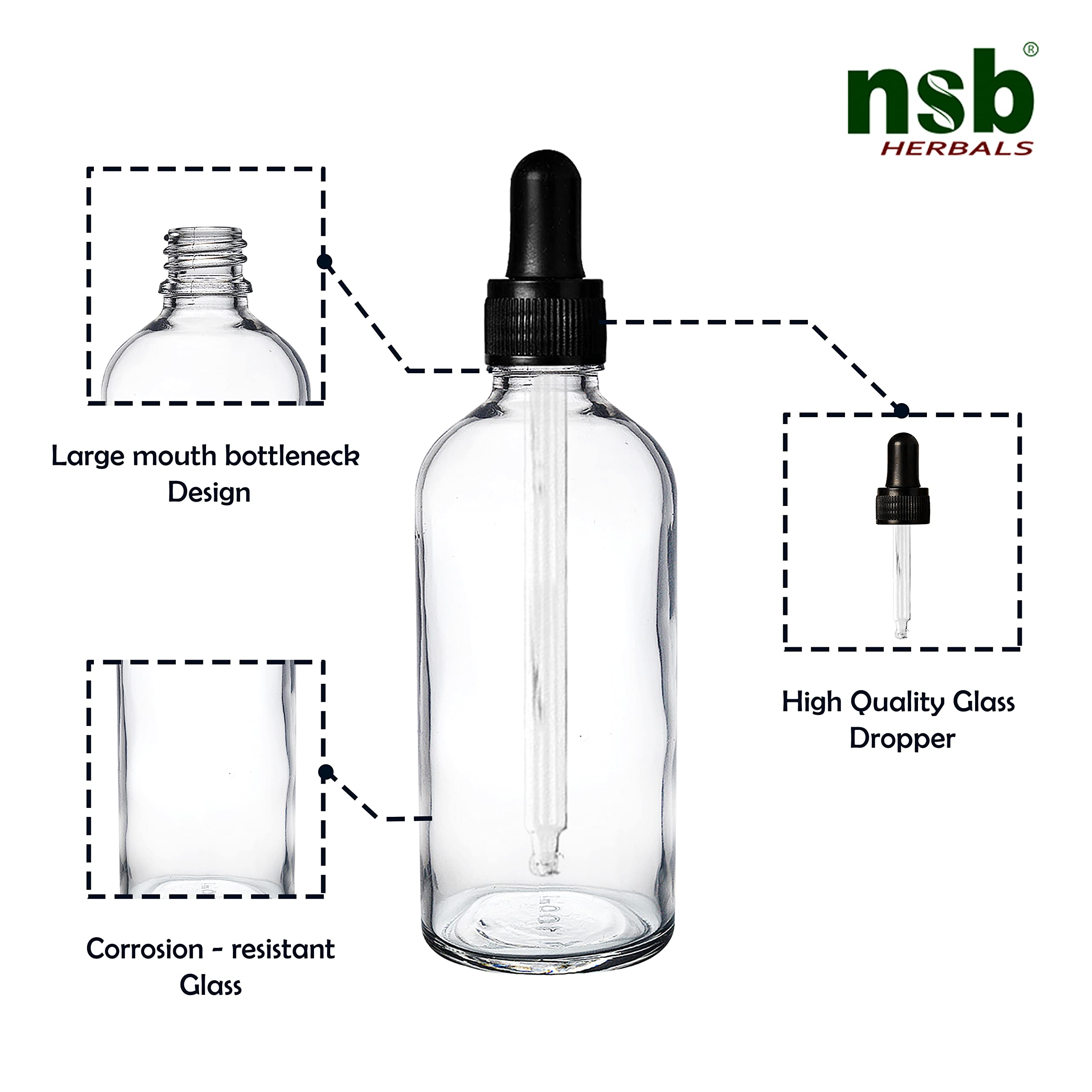 NSB Herbals 100ml Clear Round Empty Glass Bottle with Dropper - Black Ring & Silicone Teat - Refillable for Essential Oils, Perfumes, Blends (Pack of 3) - Perfect for DIY Aromatherapy, Skincare & Travel Size Liquids