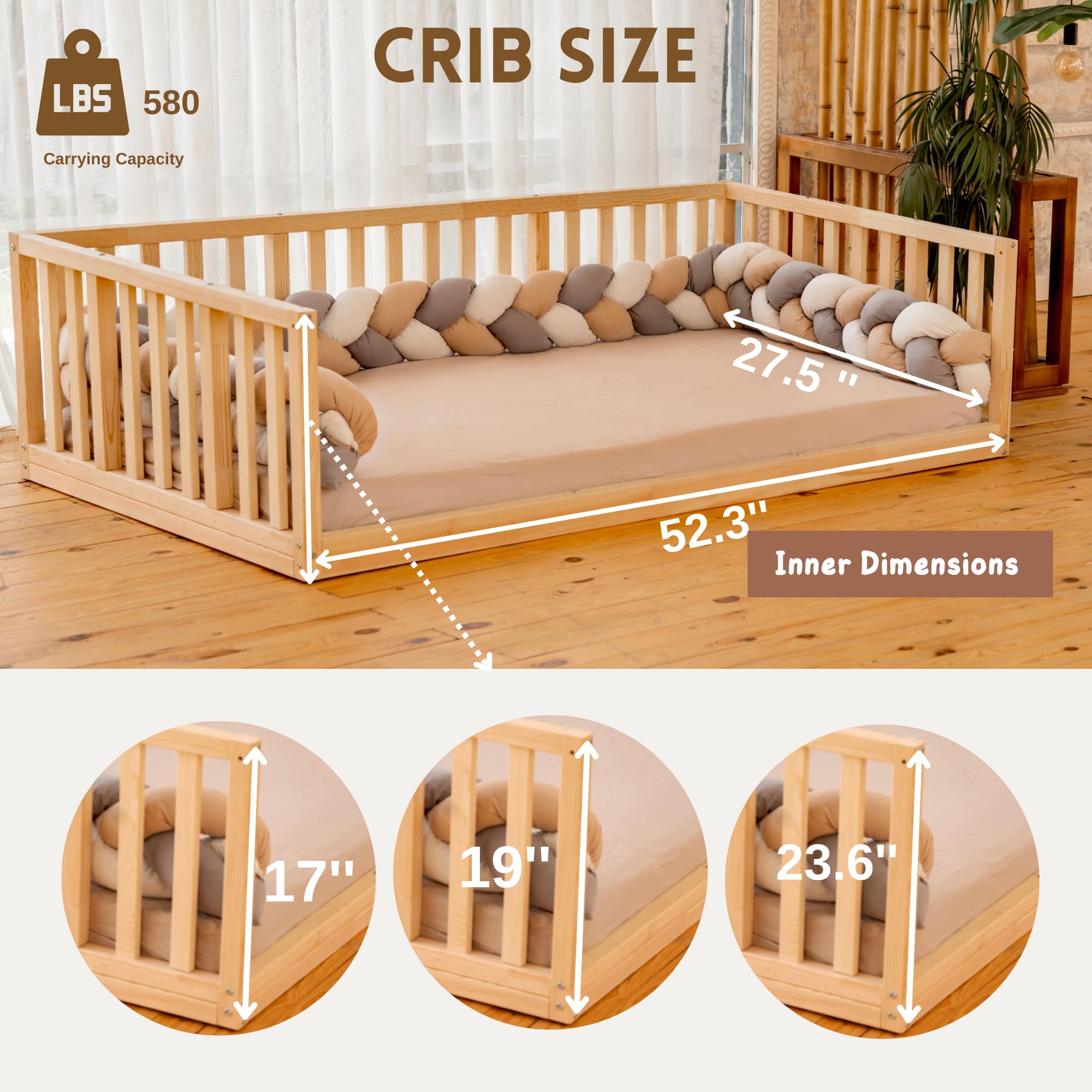 Montessori Front Open Floor Bed for Toddlers & Kids | Natural Pine Wood Solid Frame with Wooden Slats | Sturdy Low-Height Bed (23.6