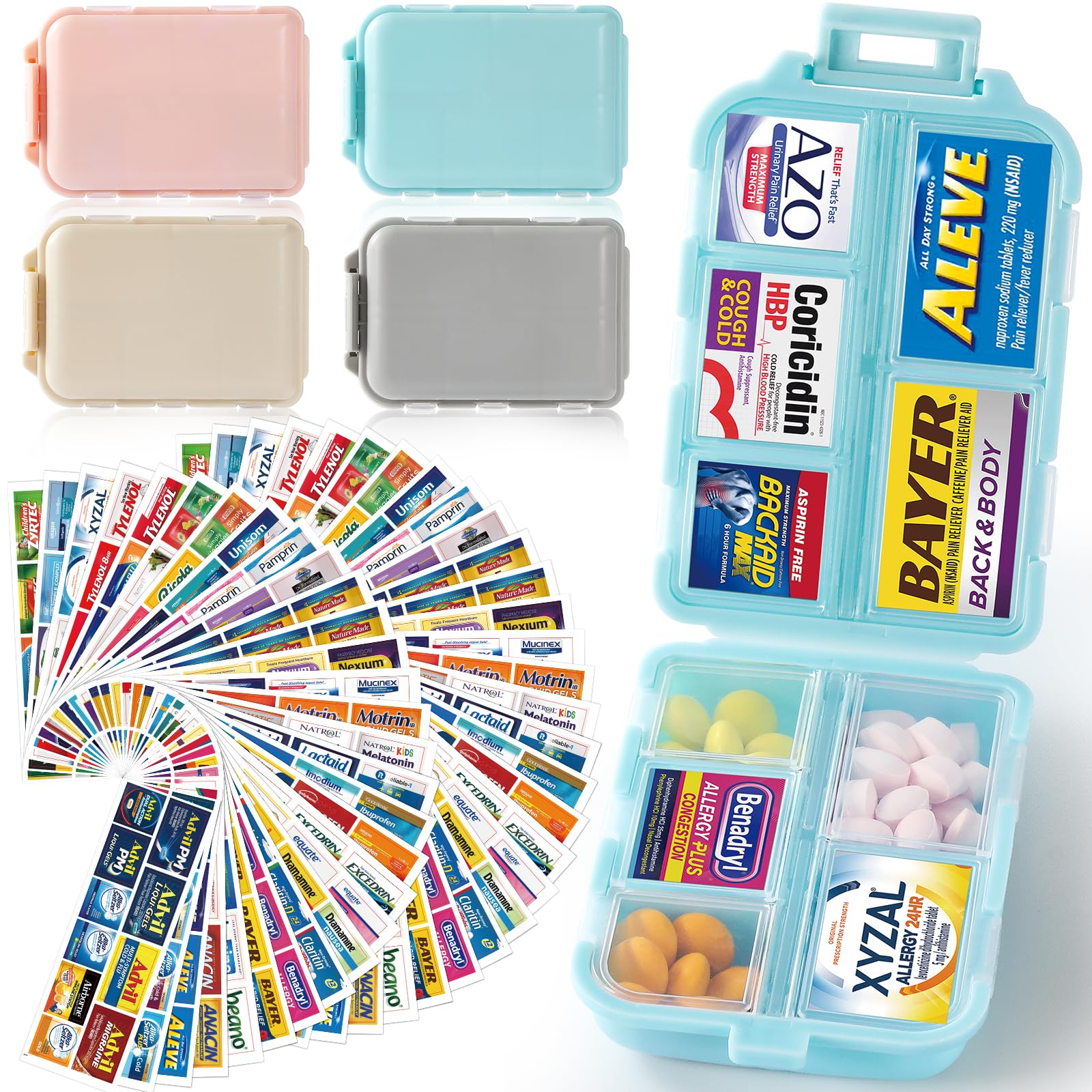 4 Pack Travel Pill Organizer Box with 600 Brand Labels & 84 White Labels - 10 Compartment Small Medicine Case for Daily Weekly Vitamin Supplements - Portable Pocket Pharmacy for Travel, Home & Office Use