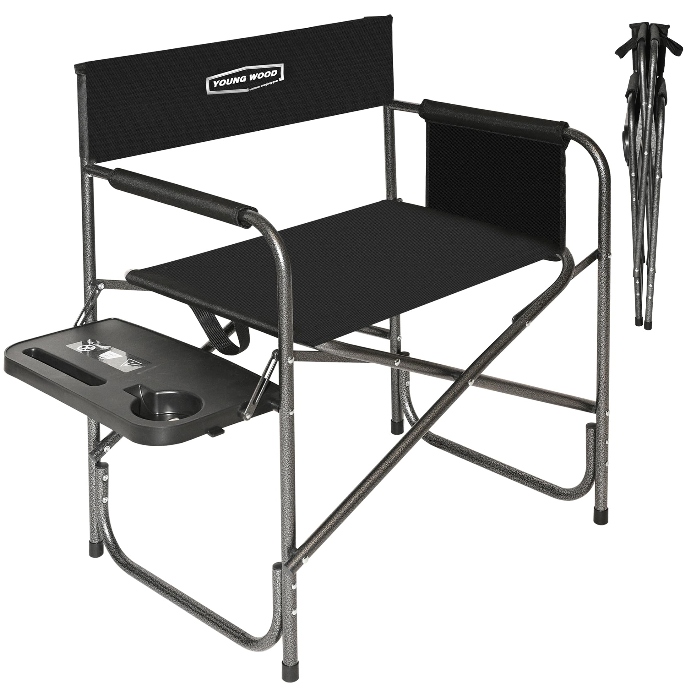 YOUNG WOOD Lightweight Oversized Portable Folding Camping Chair with Side Table & Storage Pockets - Heavy Duty 400lbs Capacity for Outdoor Camping, Hiking, Picnics, Fishing, Beach, Backyard & Tailgating (Black)