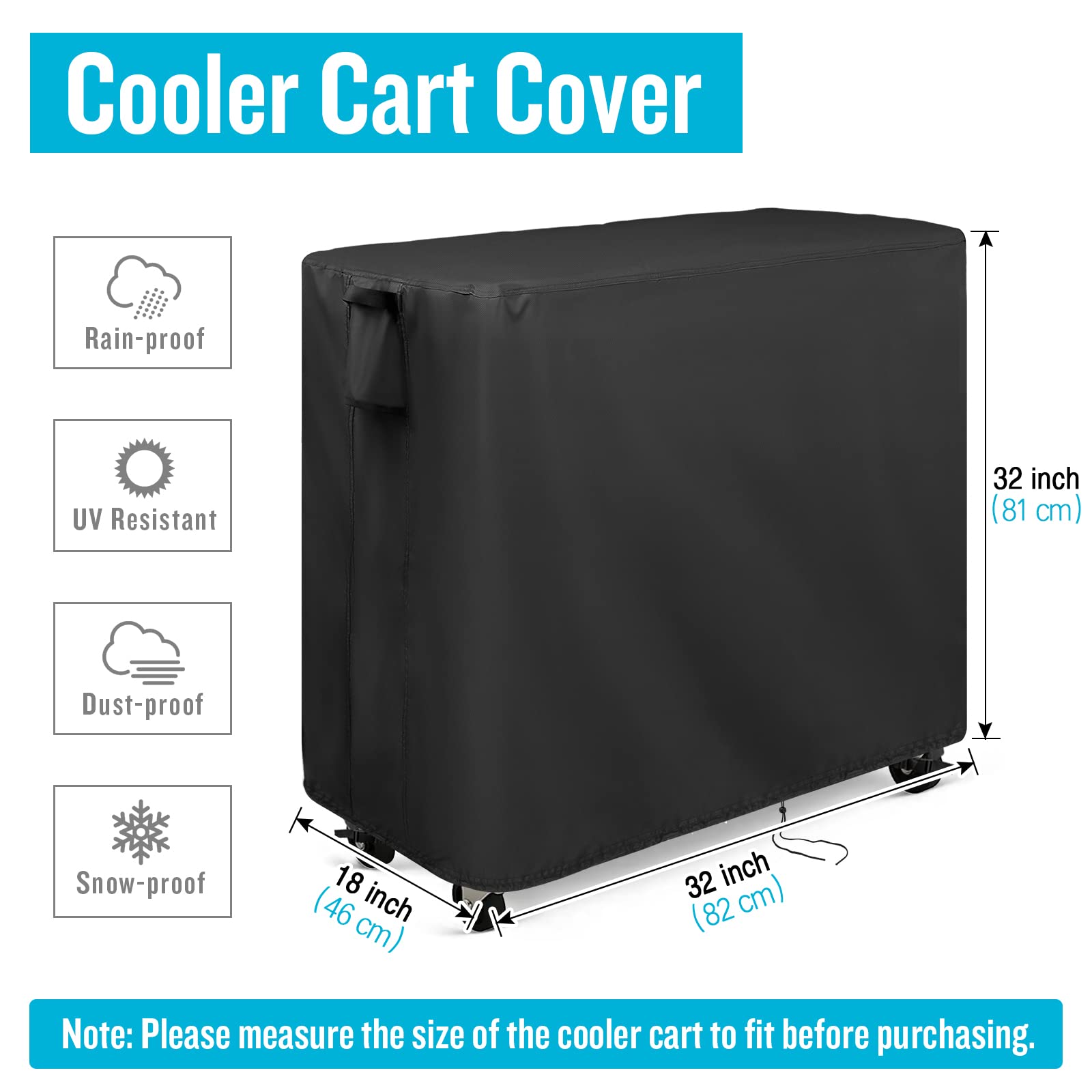 Kingling Waterproof Cooler Cart Cover for 65-80 Quart Coolers - Black Outdoor Rolling Ice Chest Protector (32''L x 18''W x 32''H) - Perfect for Patio Parties, Beach Trips & Tailgating
