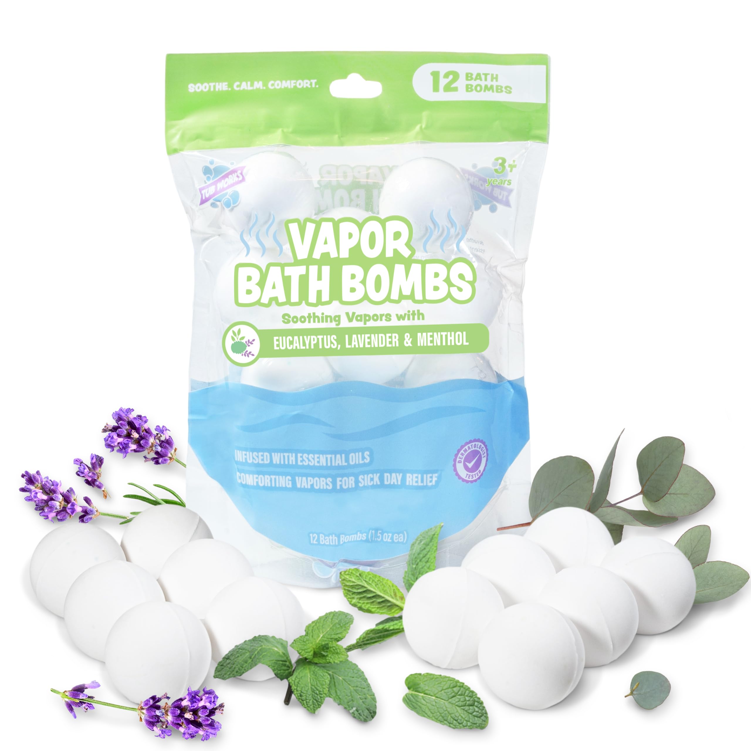 Tub Works® 12-Pack Vapor Bath Bombs for Toddlers & Kids | Natural Essential Oils Aromatherapy | Eucalyptus & Lavender Bath Bombs with Menthol for Cold, Flu & Congestion Relief | Relaxing Bath Time for Kids & Soothing Nighttime Routine
