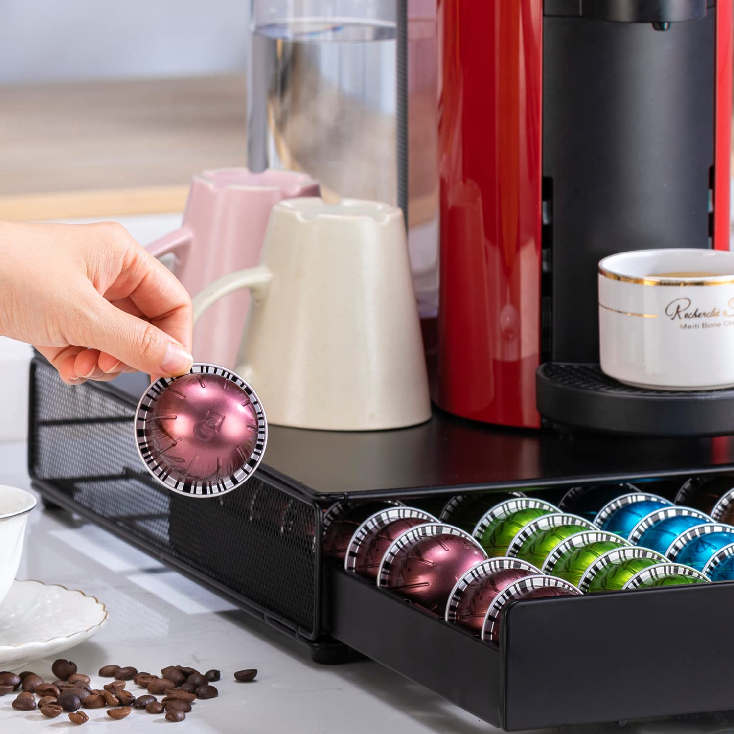 Premium Nespresso Vertuo Pod Holder - 50-Capacity Black Metal Coffee Pod Organizer & Stand for Espresso Machine | Modern Design for Kitchen & Office Use