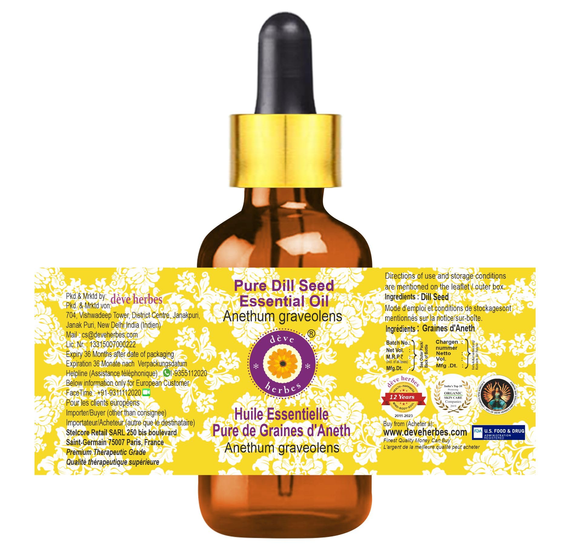 Pure Dill Seed Essential Oil (Anethum graveolens) - 10ml Steam Distilled with Glass Dropper | Natural Aromatherapy, Cooking & DIY Skincare