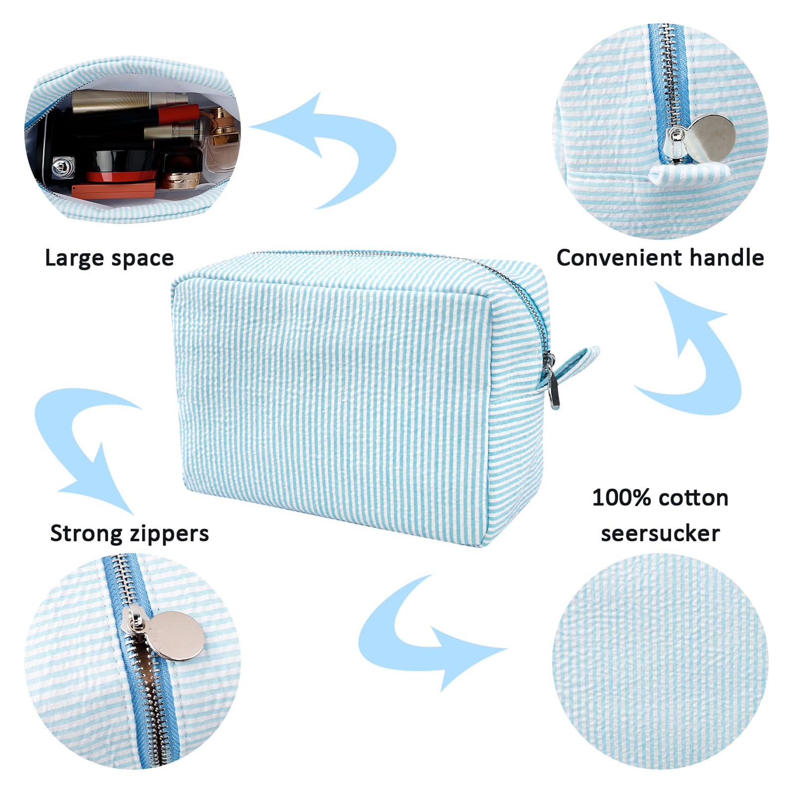 Cute Lightweight Makeup Bag for Women - Seersucker Cosmetic Organizer, Perfect Gift for Girls & Moms - Travel & Daily Use