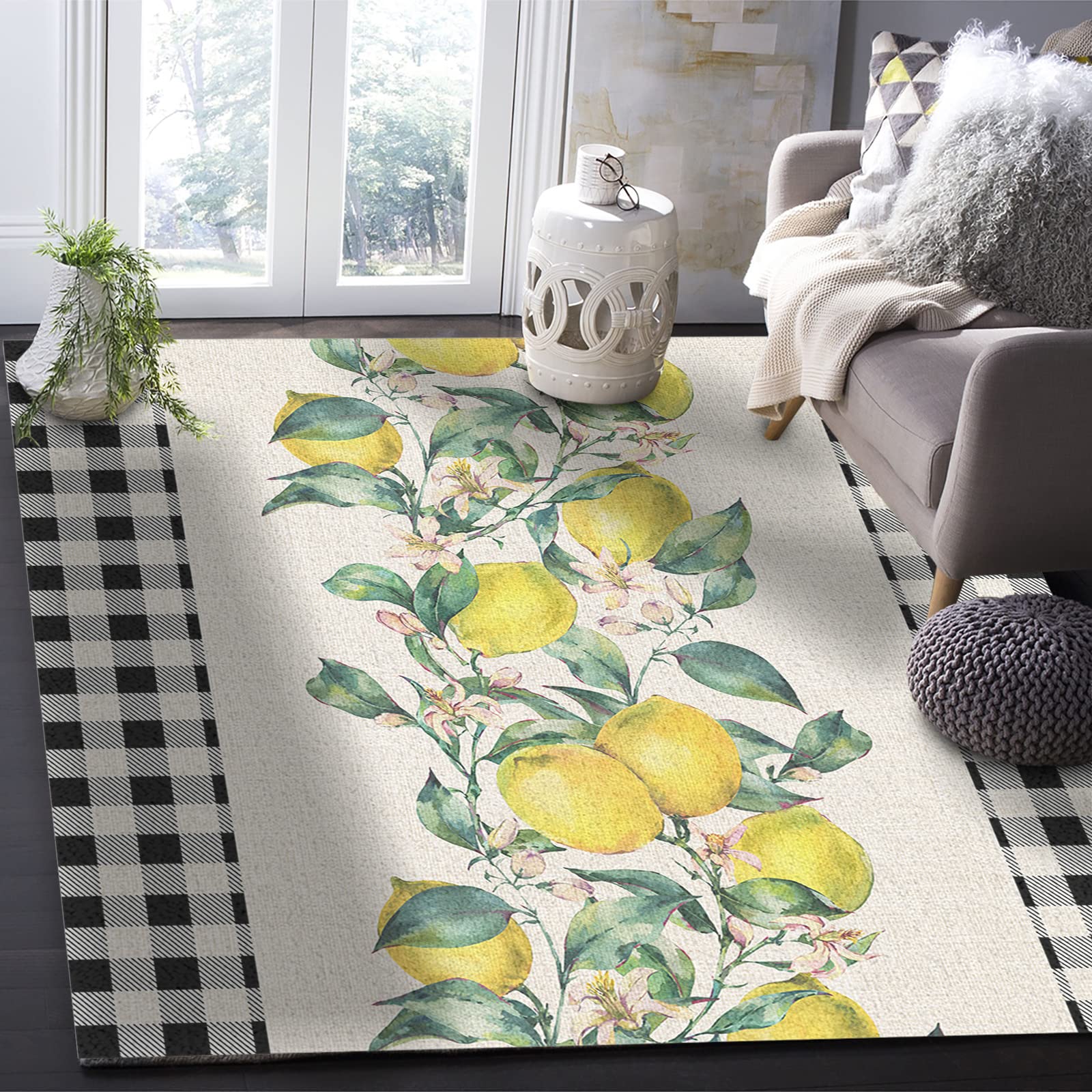 5'x8' Non-Slip Large Area Rug - Summer Lemon Floral Pattern, Soft Plush Carpet for Living Room, Bedroom, Kids Room & Kitchen Floor Cover - Retro Backdrop for Home Decor, Photo Shoot & Cozy Interior Design