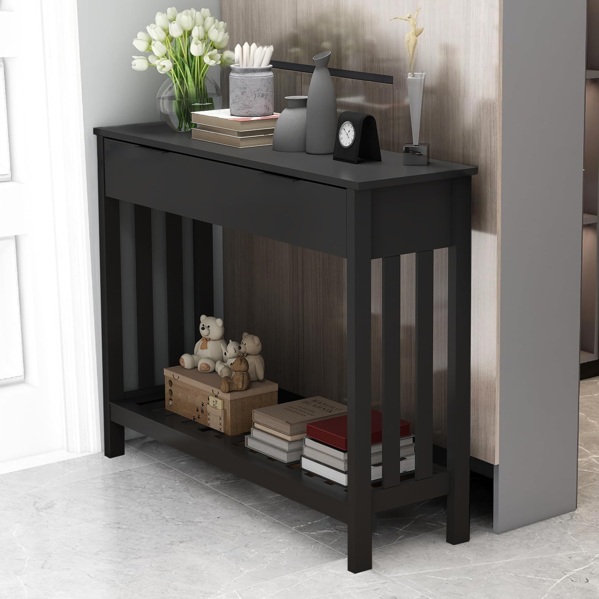 Modern Black Entryway Table with Drawer - Slim Wooden Console Table with Storage for Hallway, Living Room & Office - Perfect for Small Spaces, Front Door Decor & Sofa Side Table - Home & Office Organization Solution