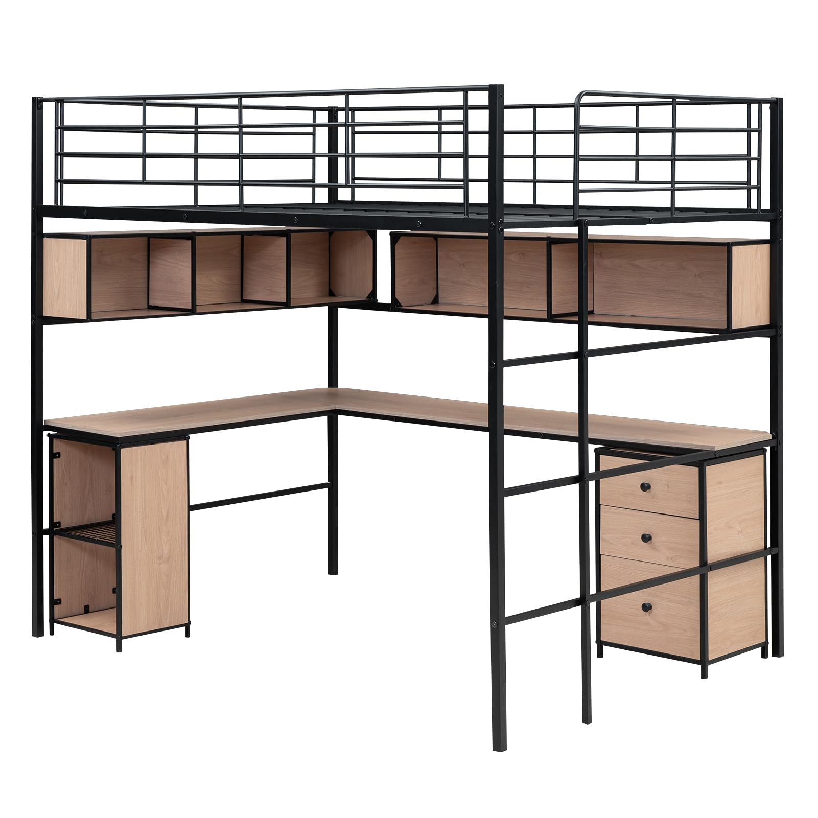 Full Size Loft Bed with Desk & Storage - Metal Bed Frame with Bookcase & Cabinet - Space Saving Black Loft Bed for Small Rooms, Dorm, Studio Apartments & Kids Bedroom