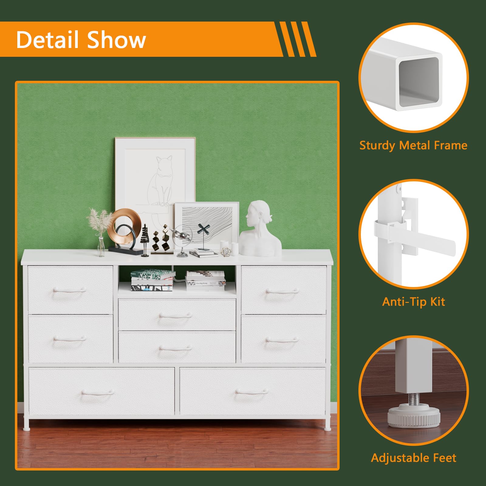 Modern White Dresser with Power Outlet - 8-Drawer Storage Chest for Bedroom, Living Room, Entryway & Hallway - Perfect TV Stand for 55
