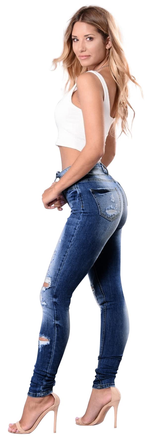 Women's High Waisted Butt Lifting Stretch Skinny Jeans - Ripped Distressed Denim Pants with Button Fly for Juniors | Perfect for Casual Outfits, Date Nights & Streetwear Fashion