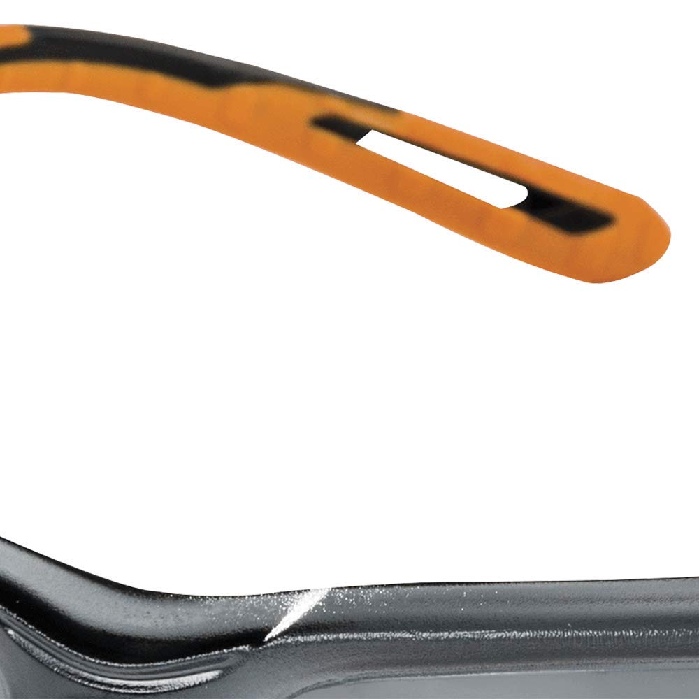 Sellstrom Lightweight Safety Glasses with Anti-Scratch Smoke Lens - Hard Coated Protective Eyewear for Work & DIY - Black/Orange Co-Molded 3-Position Ratcheting Temples with Soft Nose Piece (Pack of 1) - Ideal for Construction, Woodworking & Industrial Use - Model S71201
