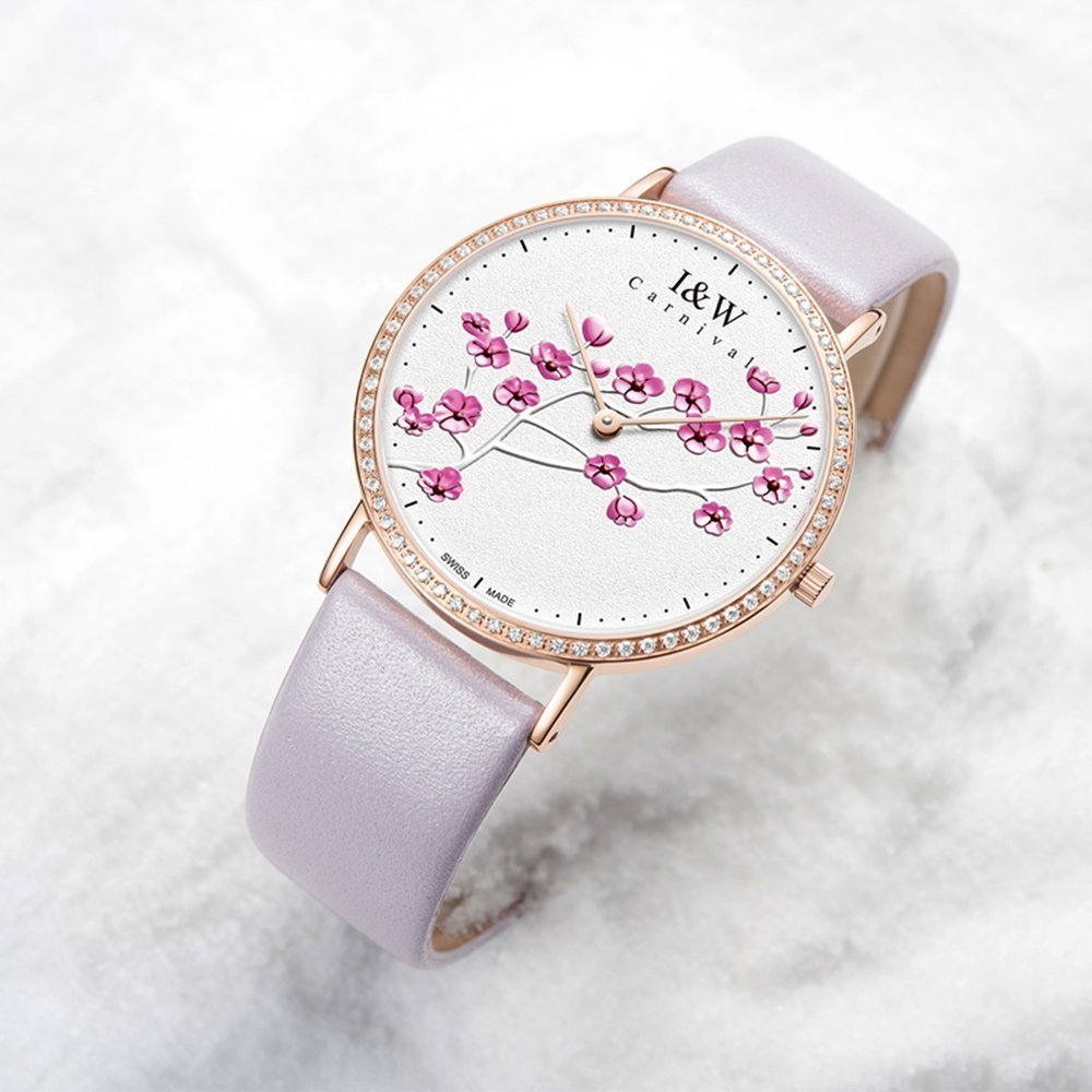 MASTOP Women's Ultra Thin Quartz Watch - Luxury Leather Strap, Large White Dial with Plum Floral Pattern - Elegant Dress Watch for Office, Party & Everyday Wear