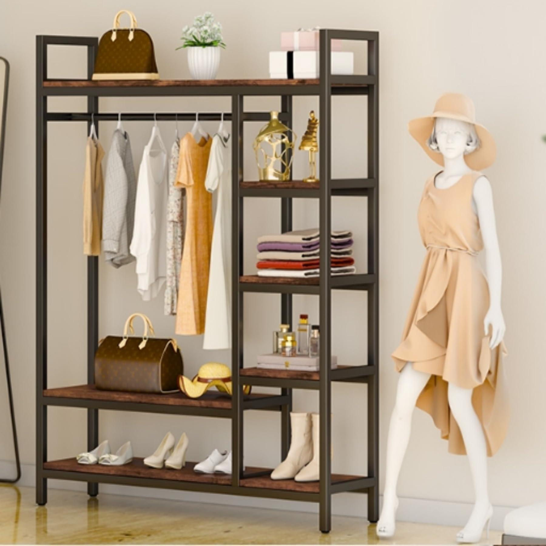 HOKEEPER 650lbs Heavy Duty Freestanding Clothing Rack with Shelves & Hooks - Metal Wardrobe Organizer for Closet Storage | Perfect for Bedroom, Laundry Room, and Commercial Use