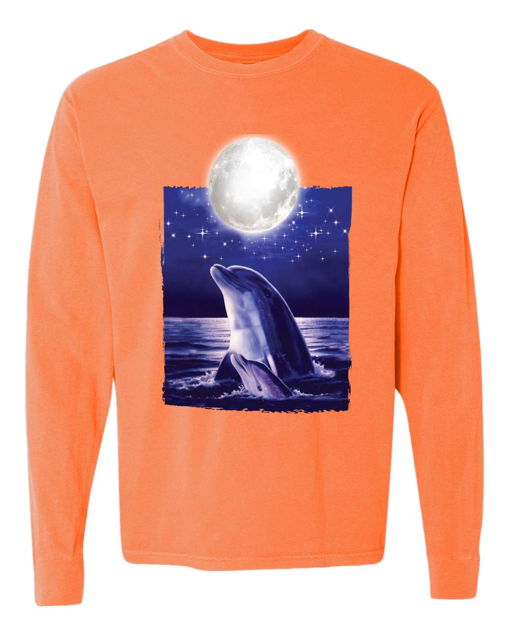Nautical Full Moon Bottlenose Dolphin T-Shirt for Animal Lovers - Washed Vintage Look Long Sleeve Cotton Tee - Perfect for Beach Outings, Ocean Conservation Events & Casual Wear