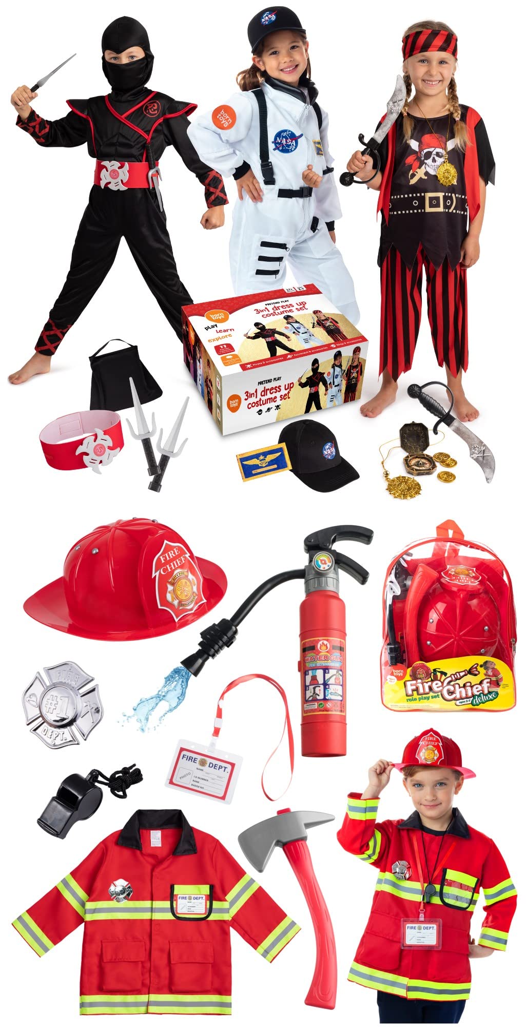 Born Toys 3-in-1 Kids Dress Up Costume Set - Pirate, Ninja, Astronaut & Fireman Costumes for Boys & Girls Ages 3-7 | Halloween, Birthday Party & Pretend Play Outfits
