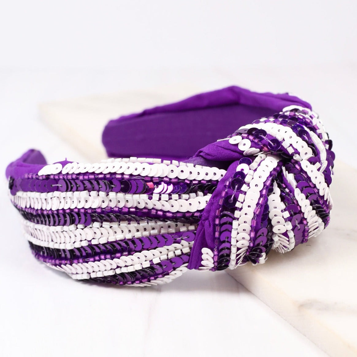 Natasha Sequin Striped Headband for Women - Glam Purple & White Hair Accessories for Parties, Weddings & Special Occasions