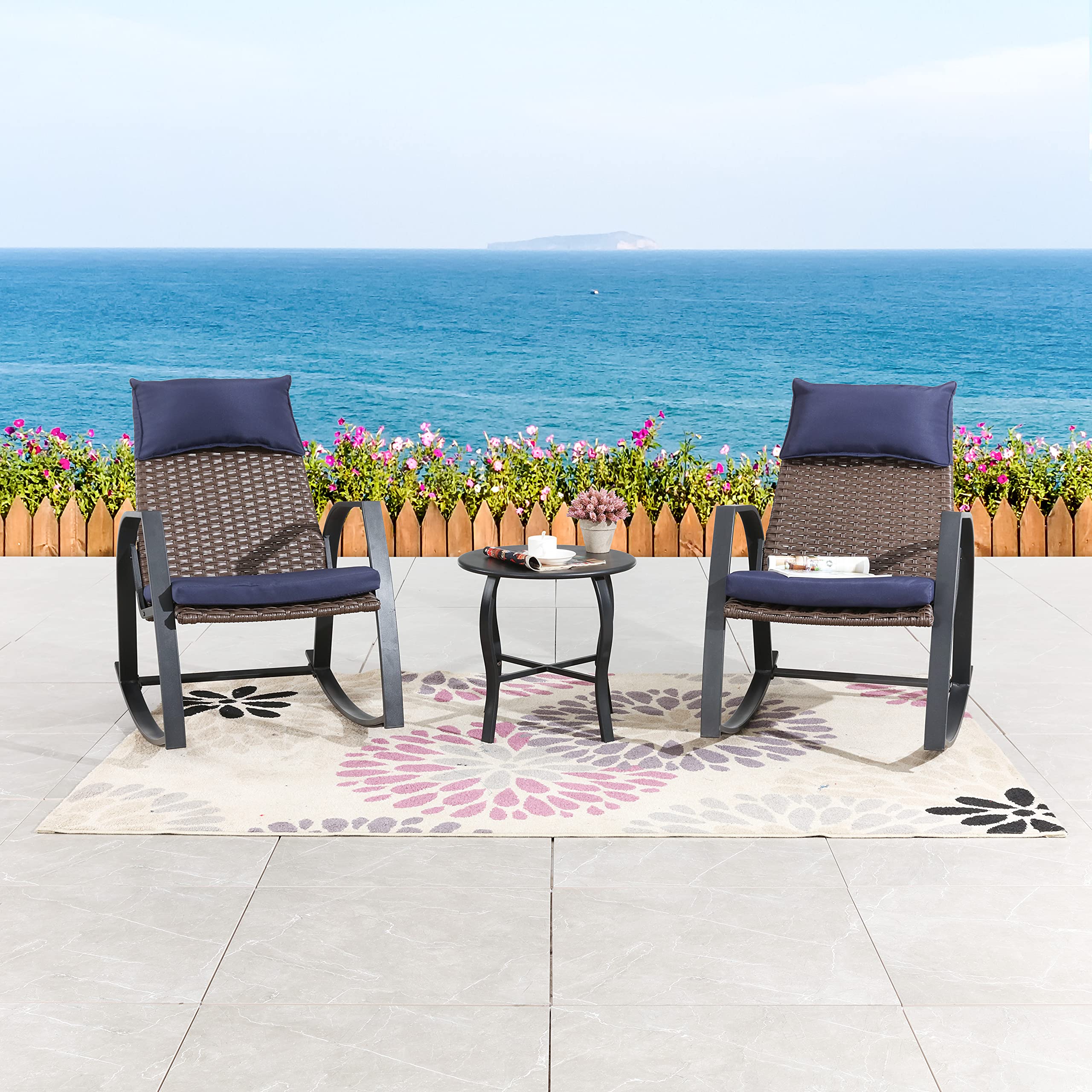 LOKATSE HOME 3-Piece Outdoor Bistro Set - Patio Wicker Furniture with Cushioned Rattan Rocking Chairs & Coffee Table in Blue - Perfect for Garden, Balcony, and Backyard Relaxation