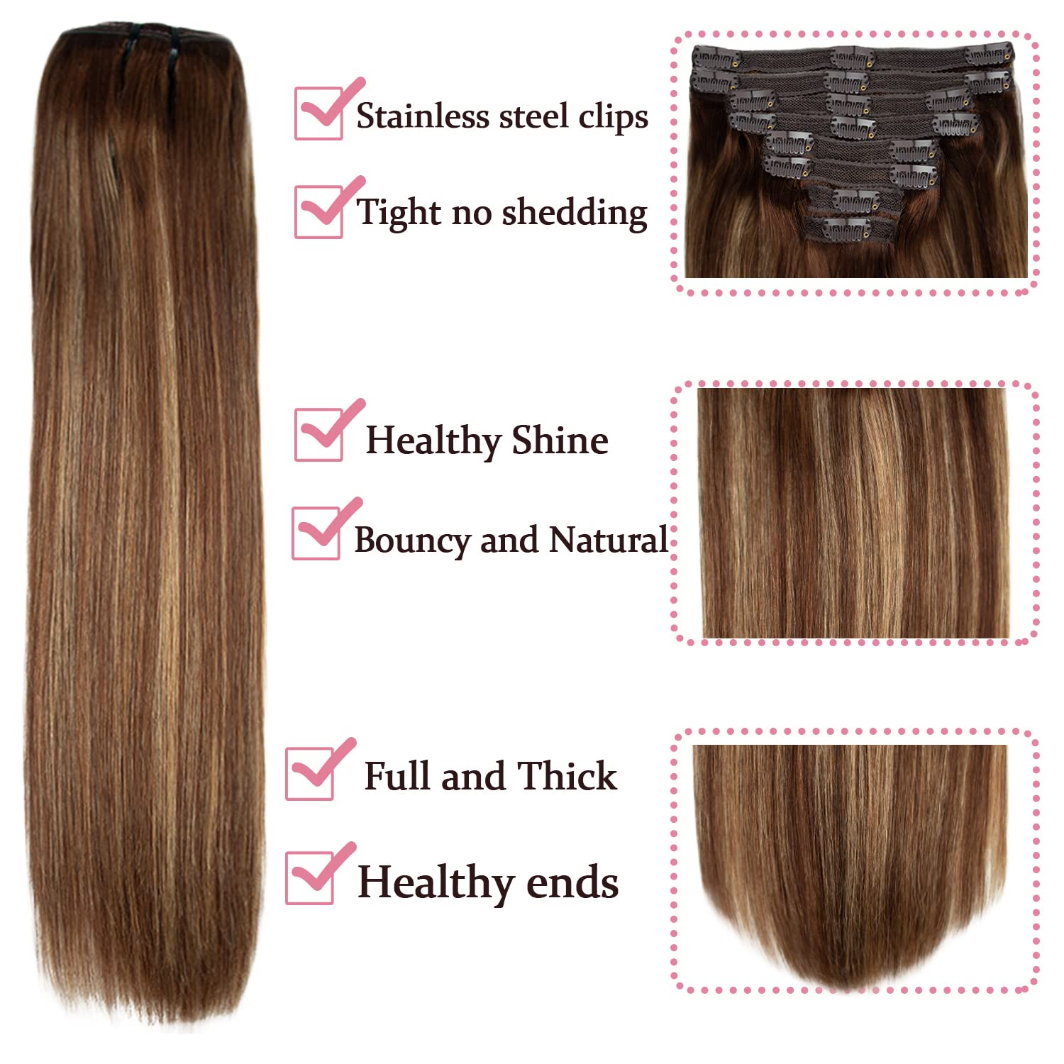 Clip in Human Hair Extensions 120g - 8PCS Remy Straight Hair Extensions Balayage Chocolate Brown to Caramel Blonde (24inch, #4/27/4) - Perfect for Daily Styling, Parties & Special Occasions