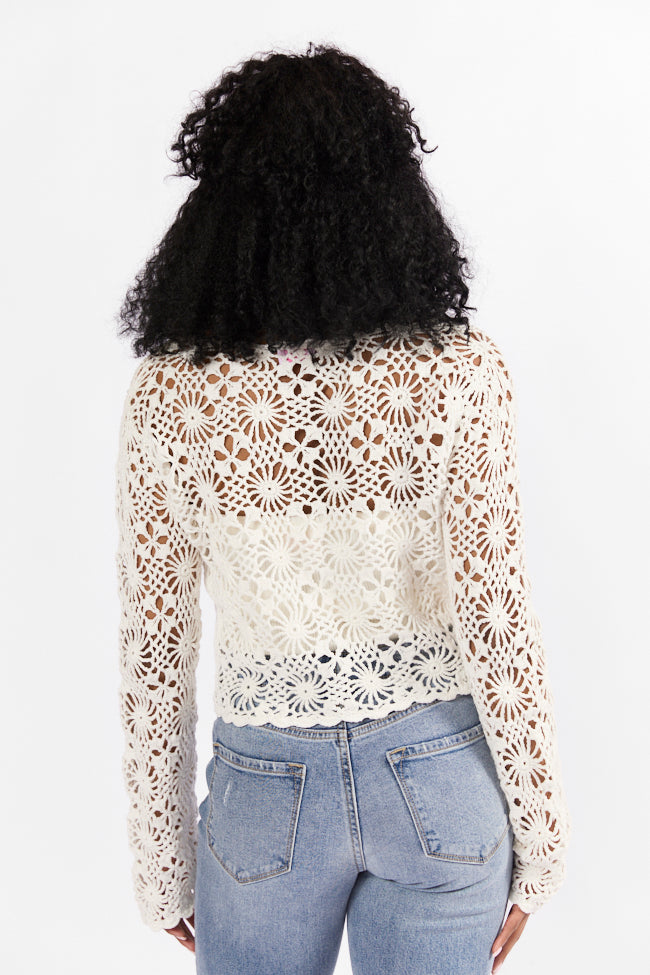 Elegant Ivory Crochet Cardigan for Women - Long Sleeve Lace Knit Sweater | Perfect for Weddings, Date Nights & Fall Layering