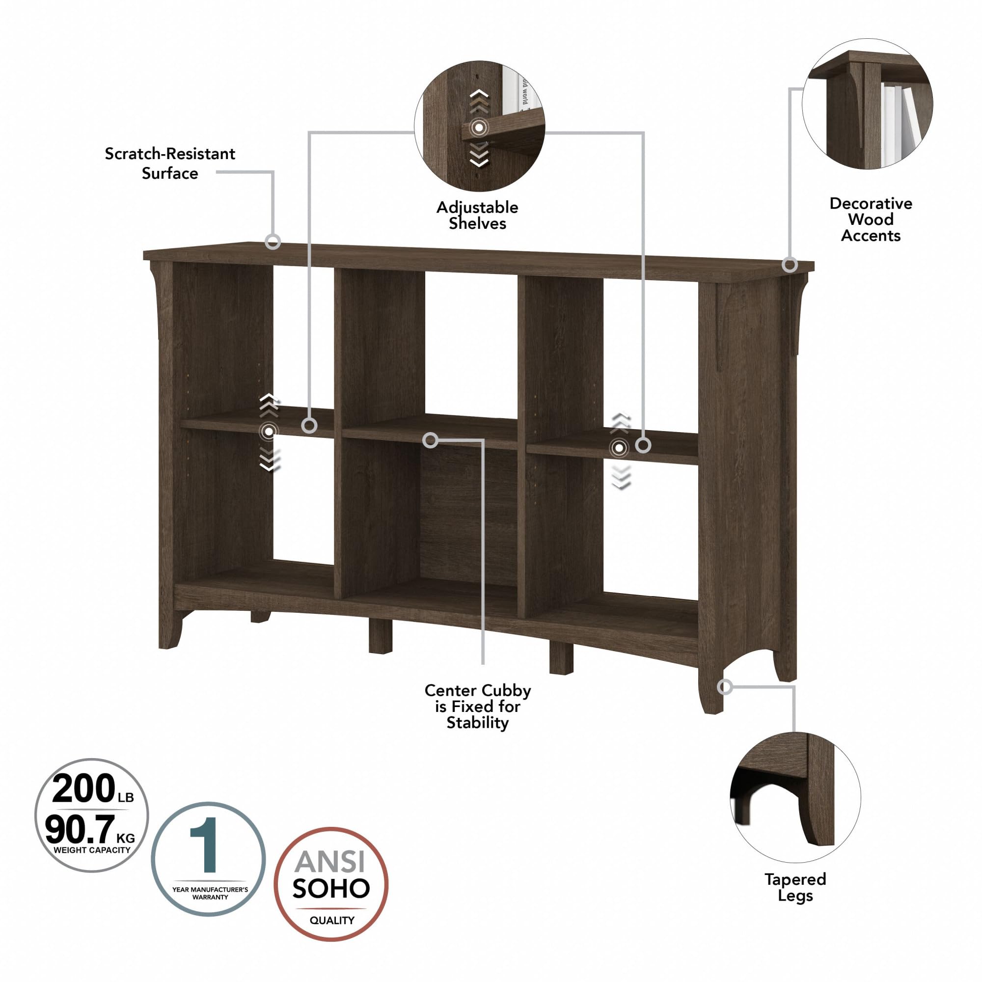 Bush Furniture Salinas 6-Cube Organizer in Ash Brown - Office & Home Storage Solution with Open Shelves for Books, Supplies & Decor - Perfect for Small Spaces, Dorm Rooms & Workstations